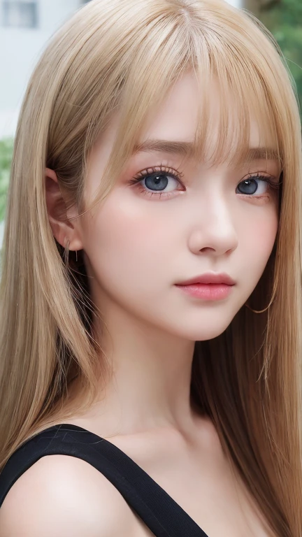 1 girl, 19 years old, solo, super long straight hair, huge , bright look、Looking at Viewer, ((Glossy bright silky blonde hair))、Very beautiful eyes and disheveled bangs between the nose and eyes、white skin、Shining beautiful skin、Glossy skin、gross face、cheek gloss、small face beauty、bare shoulders, jewelry, whole body, (Highly detailed 8K wallpaper), soft lighting, high quality, film grain, Fujifilm XT3 sharp focus, F 5.6, high detail, Tits sharp focus,(natural light), (Close-up:1.2), (seductive tits), off shoulder t-shirt, Reality, sexy、She has beautiful big bright pale blue eyes、very big eyes、eyeliner、young face、round face、cheek glossハイライト