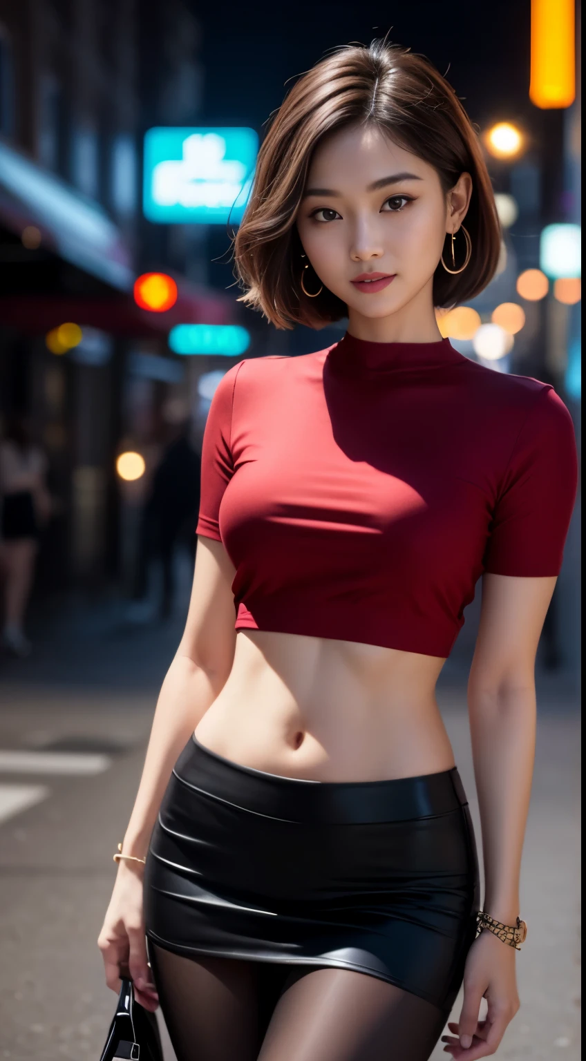 A close up of a woman in a red top and black skirt - SeaArt AI