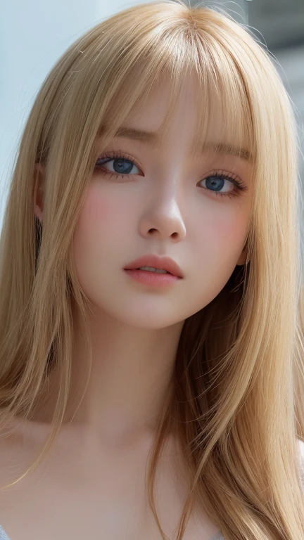 1 girl, 19 years old, solo, super long straight hair, huge , bright look、Looking at Viewer, ((Glossy bright silky blonde hair))、Very beautiful eyes and disheveled bangs between the nose and eyes、white skin、Shining beautiful skin、Glossy skin、gross face、cheek gloss、small face beauty、bare shoulders, jewelry, whole body, (Highly detailed 8K wallpaper), soft lighting, high quality, film grain, Fujifilm XT3 sharp focus, F 5.6, high detail, Tits sharp focus,(natural light), (Close-up:1.2), (seductive tits), off shoulder t-shirt, Reality, sexy、She has beautiful big bright pale blue eyes、very big eyes、eyeliner、young face、round face、cheek glossハイライト