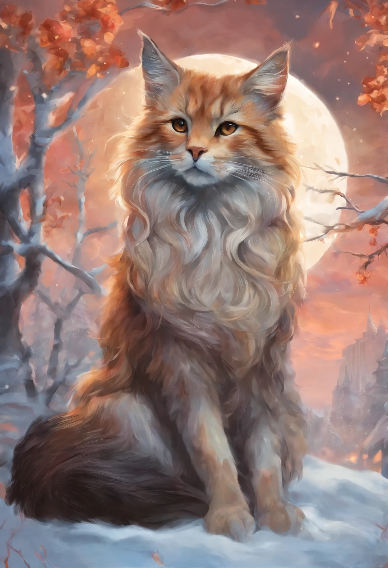 painting of a кот sitting on a snowy hill with a full moon in the background, кот. цифровая живопись, warrior котs fan art, ginger кот, warrior котs, a painting of a кот, Красивые цифровые изображения, очень-очень красивый фурри-арт, adorable цифровая живопись, Детальное искусство, кот portrait painting, in a painting of a кот, painting of a кот