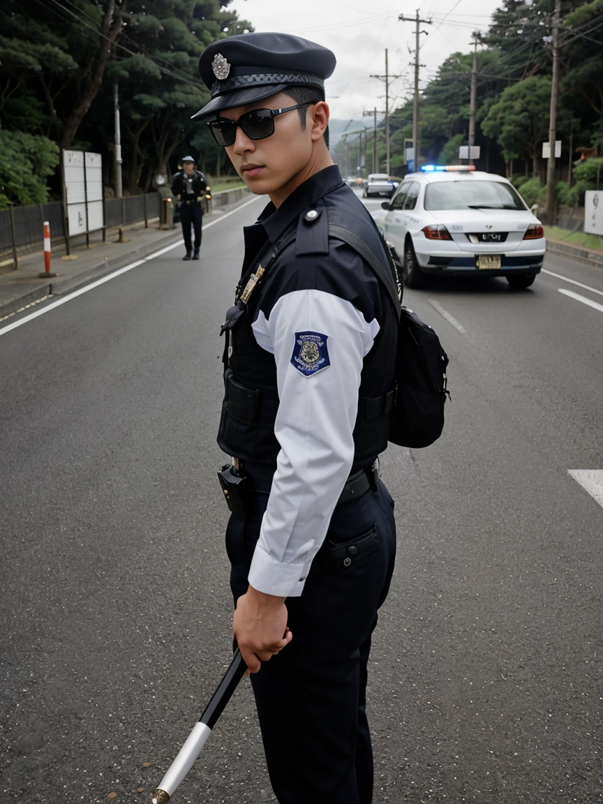 Photograph of young man, Police, Japanese, holding a baton, standing on the side of the road, wearing sunglasses, realistic, detailed