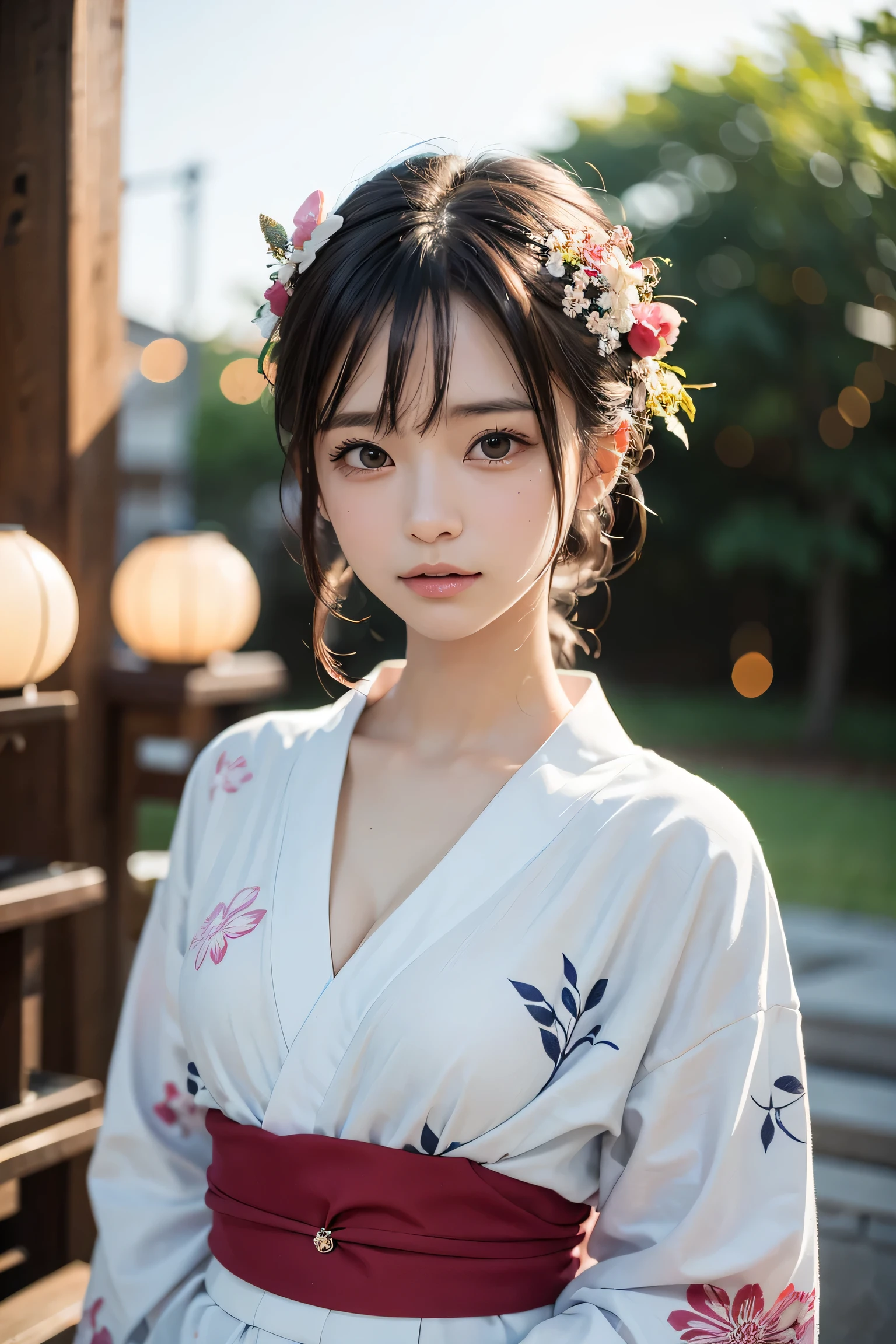(table top, highest quality:1.4), beautiful face, 8K, 85mm, absurd, (floral pattern yukata:1.4), Upper body, expose one's chest、 violaces, gardenia, delicate girl, alone, night, looking at the viewer, Upper body, film grain, chromatic aberration, sharp focus, face light, professional lighting, Sophisticated, (smile:0.4), cleavage, (simple background, background bokeh:1.2), details face
