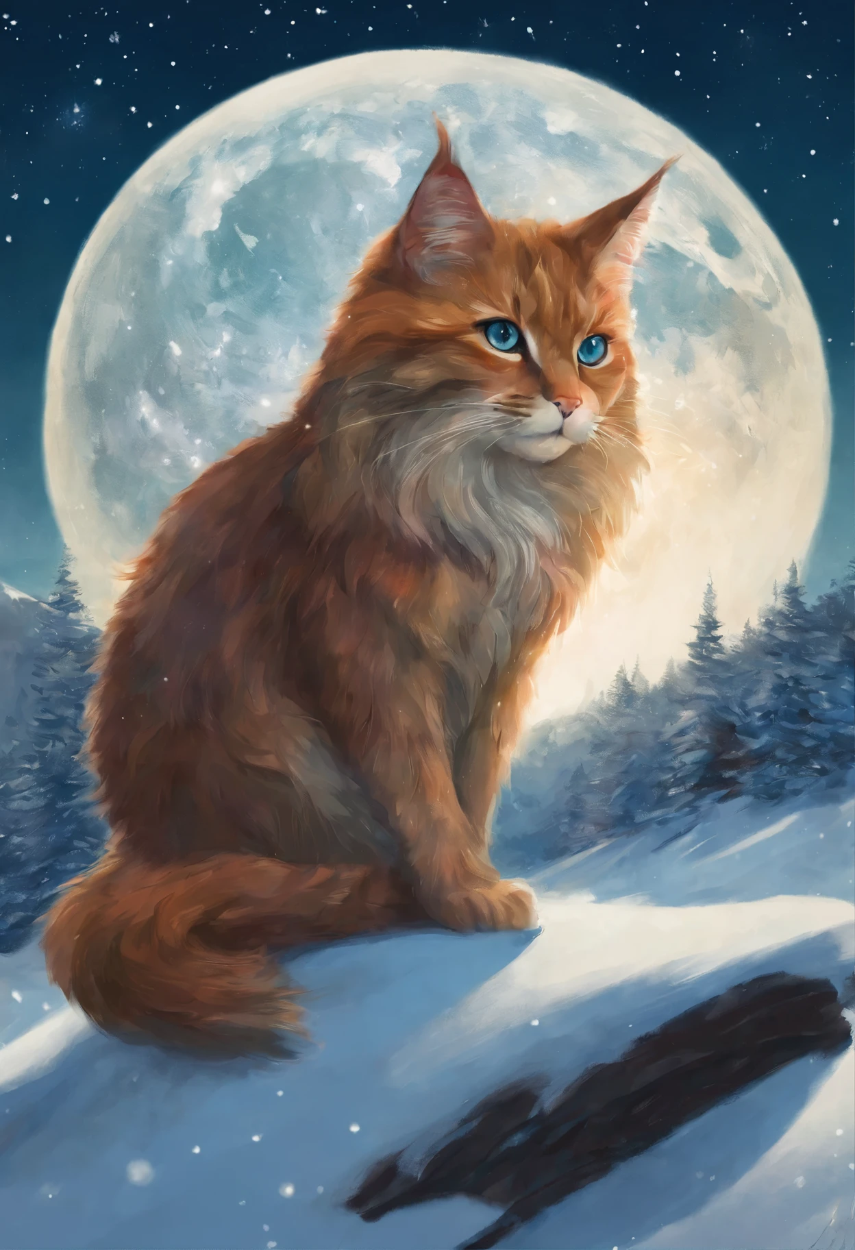 painting of a кот sitting on a snowy hill with a full moon in the background, кот. цифровая живопись, warrior котs fan art, ginger кот, warrior котs, a painting of a кот, Красивые цифровые изображения, очень-очень красивый фурри-арт, adorable цифровая живопись, Детальное искусство, кот portrait painting, in a painting of a кот, painting of a кот
