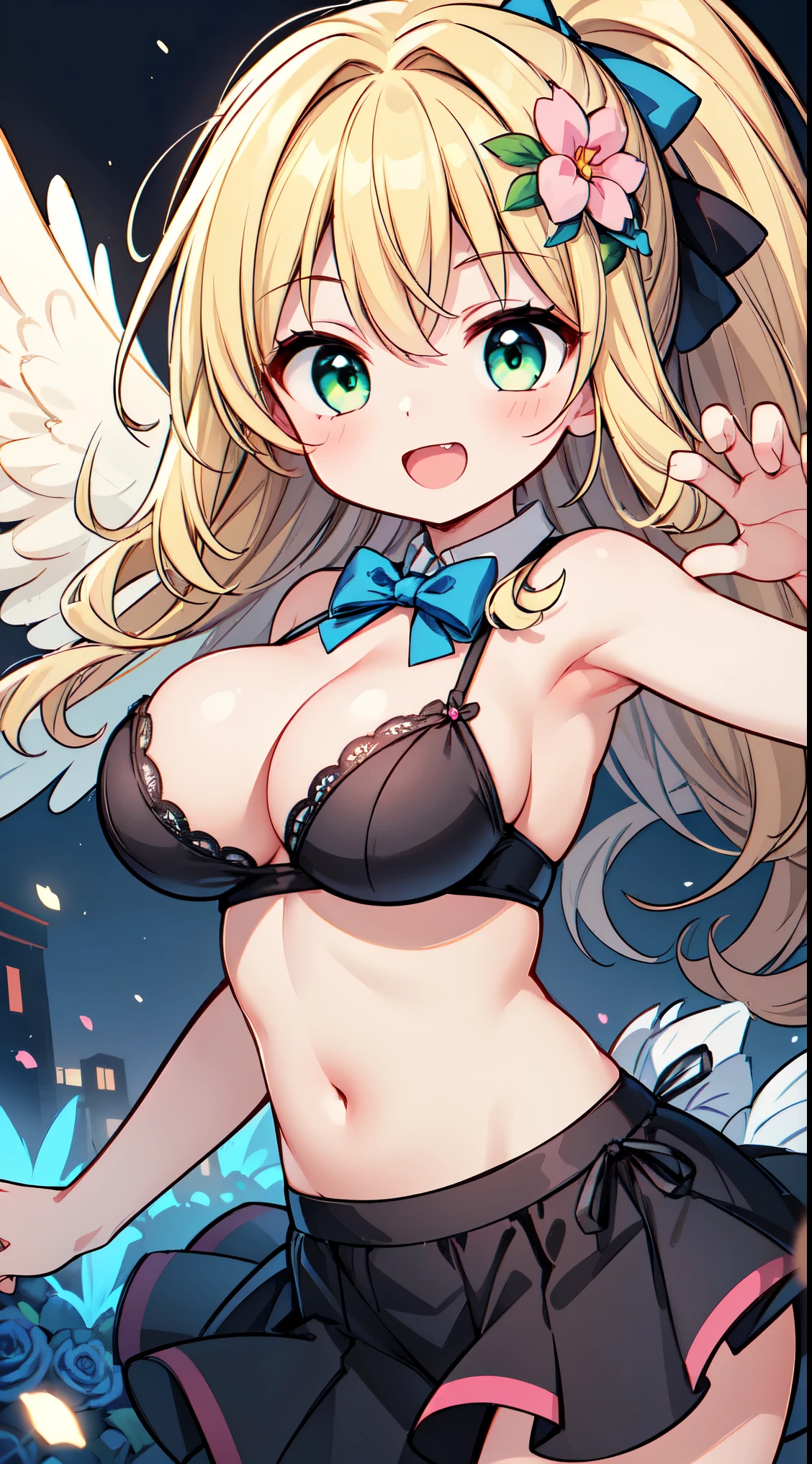 (super fine illustration:1.2),(masterpiece, 8k), (best quality, high quality:1.4), perfect anatomy, hyper detailed, ultra detailed,masterpiece background,beautiful detailed background, v8k wallpaper,perfect design,award-winning art,atmospheric,
BREAK, 1 beautiful girl, girl, (cute:1.5),(Little:0.5),(cute:2.0),(change:2.0),( girl),(big breasts:1.65),(chin hair,blonde,blue bow,green eyes,Eyebrows visible through the hair,side lock,long hair with bangs parted, hair flower, hair ornaments, big ribbon in hair, curly hair, ponytail:1.6),:he, white feathers, one thin white wing, Ang he wings, spread your wings, shining wings),pit \black},glowing skin, beautiful skin, Shining beautiful skin, open your mouth, bashful smile, alone, tooth, upper teeth,(long eyheashes, double eyheids:1.2),alone, glowing skin, beautiful skin, Shining beautiful skin,(highest quality face),(highest quality shining eyes,
BREAK
The goddess of roses relaxing with a bow in the garden full of blooming flowers.
BREAK,wakame,wakame,wakame,(dynamic pose,from front:1.5) ,
BREAK,(Blurry background:1.3),(absurderes, hight resolution, Super Detail Art),cel shading,Clear Color, Lonely optical effect, Beautiful pictures, Bright glow, mystic atmosphere,(Close-up of girl:1.1), Mystical light particle effect,manga influence, clean line drawings,
