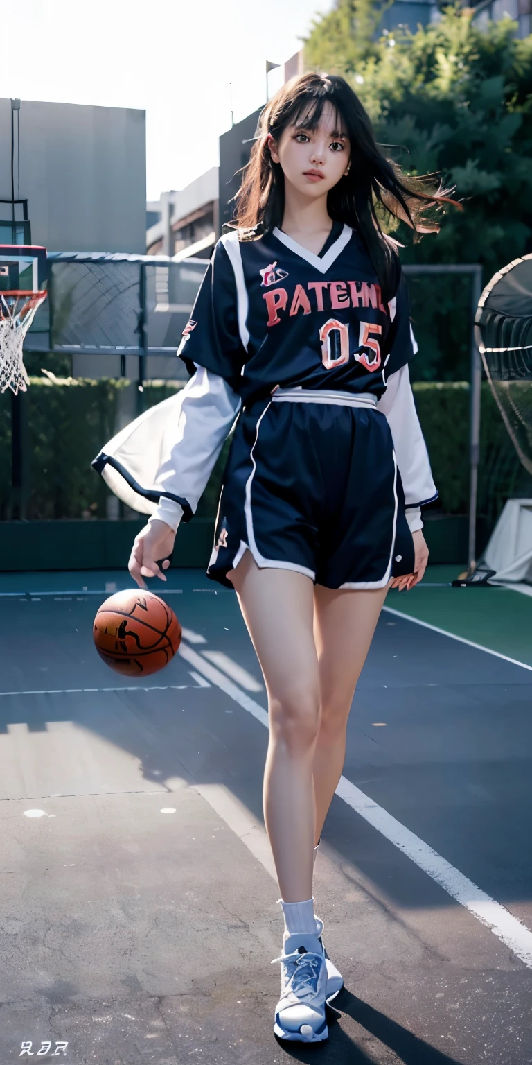 (8k, best quality, masterpiece:1.2), (realistic, photo-realistic:1.37), ultra-detailed,best quality, ultra high res, professional lighting, photon mapping, radiosity, physically-based rendering, cinematic lighting, basketball court,depth of field, sharp focus,sunbeam, good composition,(bokeh:1.2) 1girl,solo,(full body), (closed mouth),beautiful detailed eyes, pose, narrow waist,basketball uniform, black hair,messy hair,long hair floating in wind,(ulzzang-6500:1.2), mix4, hiqcgbody