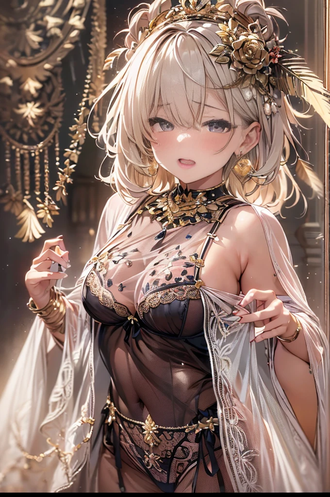 40-year-old mature woman、sensual curves、huge breasts、thighs、bubble、お尻のmasterpiece, 最high quality, Super detailed, full body shot, mature woman, 美しい mature woman, nightgown and underwear, enchanting smile, thick lips, Chubby lips, blush, looking at the viewer, provocative expression, beautiful hairstyle, cleavage, Plump、curvy hips、attractive face、naughty face、sexy lingerie　、an inviting gaze、Expression of emotions、Lewd underwear、erotic see-through lingerie set、Standing position、gorgeous accessories 、big breastsの女性, bare shoulders, golden hair, colored feather, metal ornaments, colored flowers, particle, light, (masterpiece, 最high quality, 最high quality, official art, beautiful and aesthetic:1.2), (1 girl:1.3), very detailed,(fractal art:1.1),(colorful:1.1)(flowers:1.3),most detailed,(zentangle:1.2), (dynamic pose), (abstract background:1.3), (shiny skin), (lots of colors :1.4), ,(earrings:1.4), (feather:1.4),masterpiece, 最high quality, Super detailed, 30~40 years, full body shot, mature woman, 美しい mature woman, nightgown and underwear, enchanting smile, thick lips, Chubby lips, blush, looking at the viewer, provocative expression, short hairstyle, cleavage, Plump、curvy hips、attractive face、naughty face、sexy lingerie　、an inviting gaze、Expression of emotions、Lewd underwear、erotic see-through lingerie set、Standing position、gorgeous accessories、various hairstyles，gold headband，plump breasts，convex buttocks，greek clothing，Tulle covers the breasts，perfectly proportioned, detailed clothing details,marble，god statue，cinematic lighting, film grain, Fuji color, contrast of light and dark, 8K, masterpiece, Super detailed, high detail, high quality, High resolution, 、(((erotic see-through lingerie set)))、gorgeous accessories、raise your butt, from below, (((NSFW:1.2)))、exposed chest、gasping face、Openwork decoration，(((see through dress)))、(((anatomically correct body))) , 最high quality, Super detailed, (((Lewd underwear)))、raise your butt, from below, (NSFW: 1.4)、exposed chest、(((gasping face)))、Openwork decoration，(((see through dress)))、(((R-18)))、Hakari、Whirlpool、thighs, big breasts, Are standing, cowboy shot, blush, 1 girl, (masterpiece:1.3), (High resolution), (8K), (very detailed), perfect face, Nice eyes and face, (((最high quality))), (Super detailed), detailed face and eyes, (alone), High resolution、beautiful eyes,(((sexy pose)))、(((big breasts)))、(((超High resolution)))、(((detailed description)))