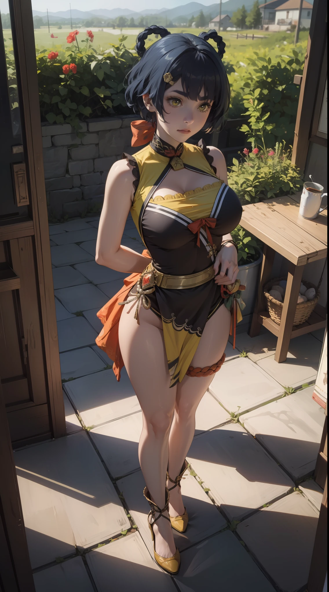 xiangling \(genshin impact\),1girl,blue hair, short hair, thick eyebrows, hairclip, hair rings, braid, yellow eyes, (Beautiful,Huge_Breasts:1.3),
BREAK
, 1girl, solo, Standing in the garden, full body, full figure,
BREAK
, Garden,
BREAK
, bow,glove, chinese clothes, sleeveless, bare shoulders, pelvic curtain, belt,
BREAK
, official art, extremely detailed CG unity 8k wallpaper, perfect lighting, Colorful, (best_quality:1.0), ultra high res,4K, ultra-detailed, 8K, HDR, high resolution, absurdres:1.2, film grain, blurry background, (vibrant_color:1.2), (beautiful_face:1.5), (narrow waist),