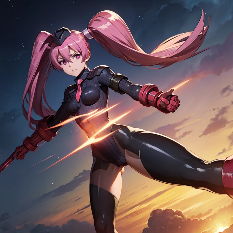 ultra-detailed, Explicit, Beautiful body, Beautiful Nose, Beautiful character design, perfect eyes, perfect face, ultra highres, 4K, beautiful legs, perfect legs, Nice hands, Perfect hand, Masterpiece, Best Quality, Highly detailed, illustration, absurdres, perfect anatomy, street fighter, doll suit, shadaloo doll, dollsuit, expressionless, blank eyes, looking at viewer, red gloves, emotionless, black latex, corrution, mind control, female combatant, full body, hypnotized, unhappy trance, full body suit, ribbed bodysuit, both arms at side, obey, perfect female body, extremely glossy latex, hypnosis, hypnoLora, empty eyes, Mind control device, poses, submissive_pose, Slave, hat, necktie, stand up straight, standing, standing at attention, hat, necktie, belt, latex, ribbed bodysuit, thighhighs, garter belt, Fighting Stance, extending the right arm from the shoulder into the air with a straightened hand, military, thigh boots, 1girl, Solo, pink hair, long hair, pink eyes, long twin tails, akame ga kill!, mine