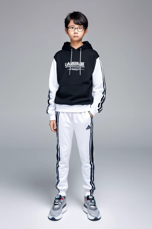 A standing 14 years old Japanese boy,silver edge glasses,looking at viewer,full body,hoodie,all body,face forward,arms behind back,white background