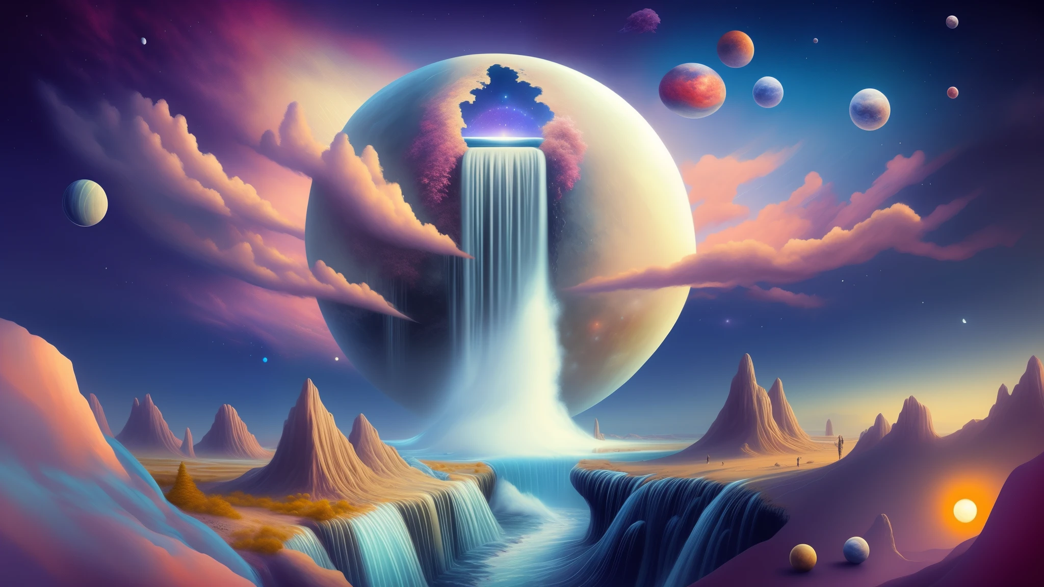 painting of a waterfall in a surreal landscape with planets in the background, colorfull digital fantasy art, 4k highly detailed digital art, beautiful art uhd 4 k, digital art fantasy, surreal tears from the moon, galactic waterfalls, detailed fantasy digital art, epic surrealism 8k oil painting, inspired by Cyril Rolando, dreamlike digital painting, alien waterfall