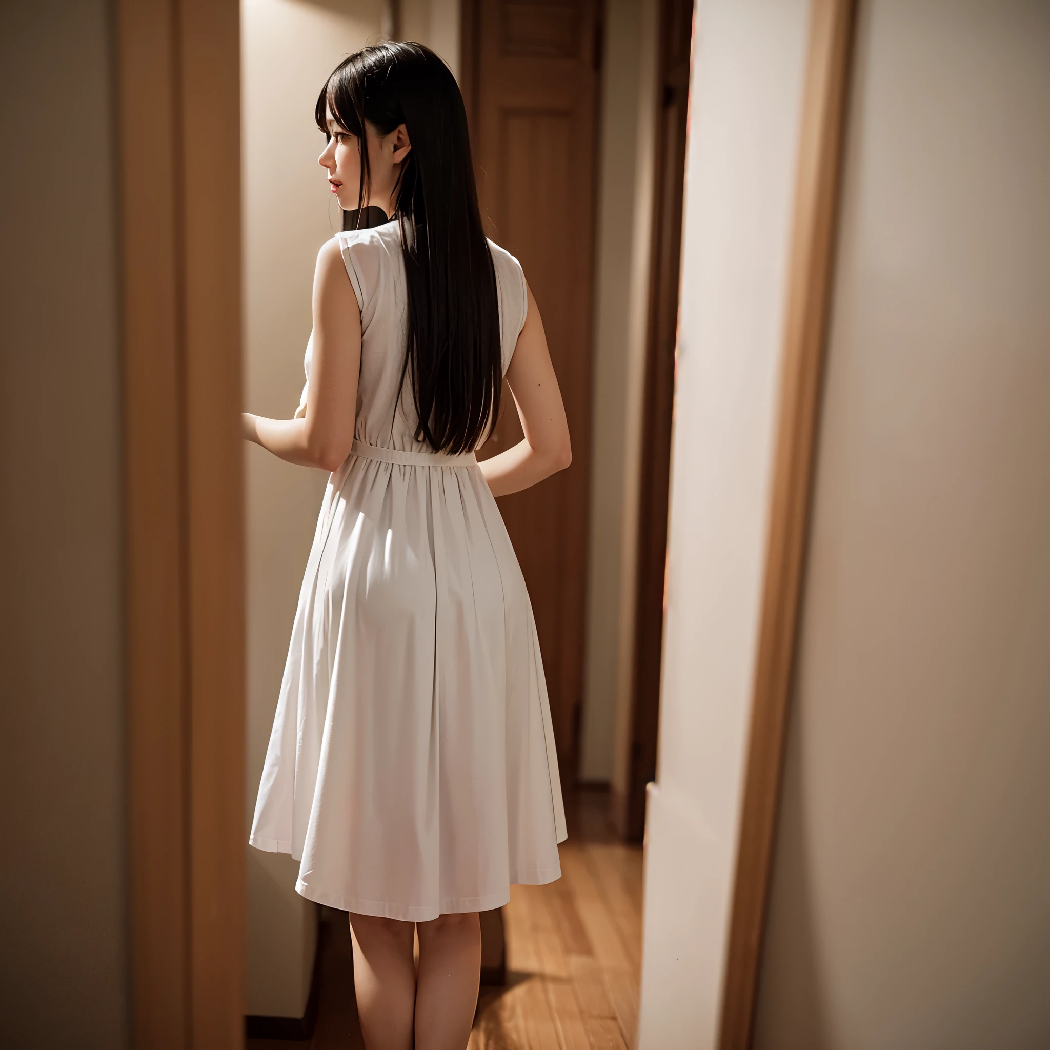 Masterpiece, high quality, high resolution, a girl, long hair, black hair, brown eyes, wearing white dress, standing in the corner of the room, night time