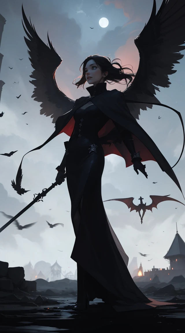 high quality, 8K Ultra HD, In the abyssal heart of enchantment, behold the ominous presence of the Dark Angel, crafted with audacious otherworldly finesse, Standing amidst the haunting shadows of a infernal castle, she is accompanied by a resplendent black creature, a mythical sentinel born from the very essence of nightmares, Its coat absorbs the eerie brilliance of spectral moonlight, embodying the darkness with an ethereal grace, With eyes reflecting the torment of epochs, the celestial herald proudly stands by the Dark Angel's side, forging a haunting duo in the infernal tapestry, heir presence unfolds like a macabre symphony of ethereal radiance, the Dark Angel soaring with the bold grace of infernal majesty, by yukisakura, high detailed,