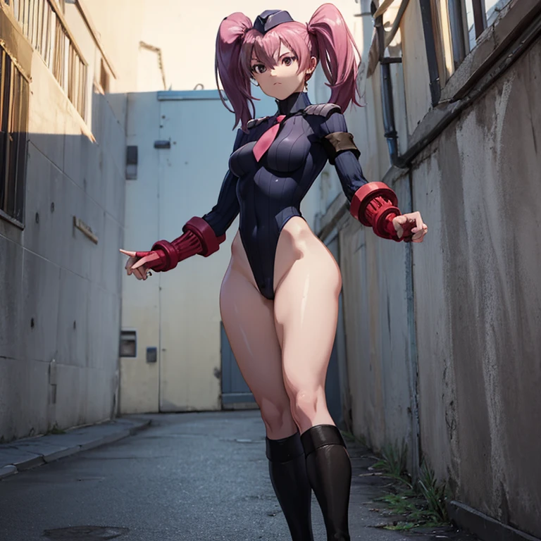 ultra-detailed, Explicit, Beautiful body, Beautiful Nose, Beautiful character design, perfect eyes, perfect face, ultra highres, 4K, beautiful legs, perfect legs, Nice hands, Perfect hand, Masterpiece, Best Quality, Highly detailed, illustration, absurdres, perfect anatomy, street fighter, doll suit, shadaloo doll, dollsuit, expressionless, blank eyes, looking at viewer, red gloves, emotionless, black latex, corrution, mind control, female combatant, full body, hypnotized, unhappy trance, full body suit, ribbed bodysuit, both arms at side, obey, perfect female body, extremely glossy latex, hypnosis, hypnoLora, empty eyes, Mind control device, poses, submissive_pose, Slave, hat, necktie, stand up straight, standing, standing at attention, hat, necktie, belt, latex, ribbed bodysuit, thighhighs, garter belt, Fighting Stance, extending the right arm from the shoulder into the air with a straightened hand, military, thigh boots, 1girl, Solo, pink hair, long hair, pink eyes, long twin tails, akame ga kill!, mine