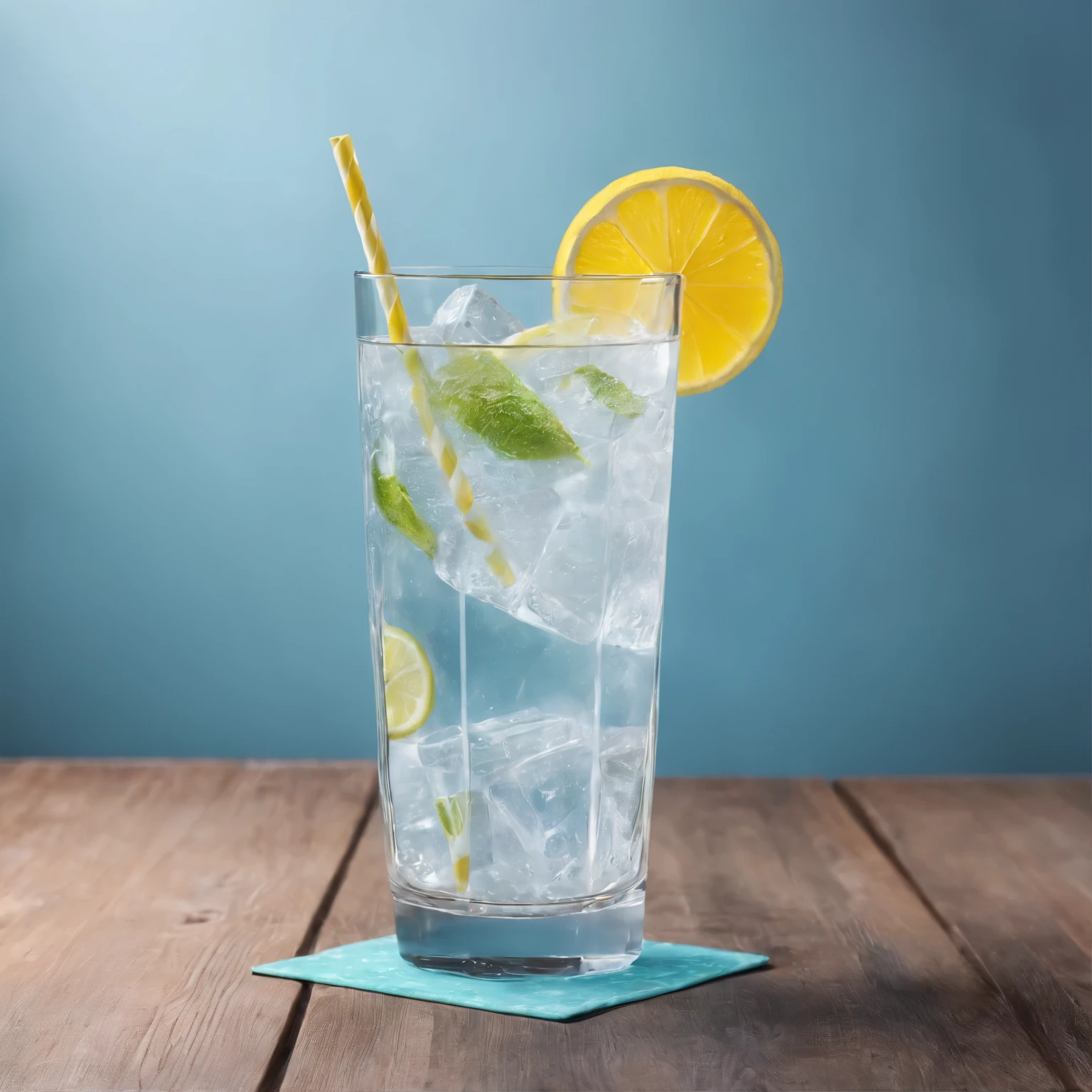 (a glass of ice-cold drink) placed on the table, iced beverage, condensation on the glass, lemon slice floating, colorful straw, refreshing drink, summer vibes, cool and relaxing atmosphere, glassware, clear glass, wooden table, enticing colors, thirst-quenching, high-quality image, 4K resolution, surreal lighting, vivid colors, photorealistic rendering, detailed texture, professional photography style