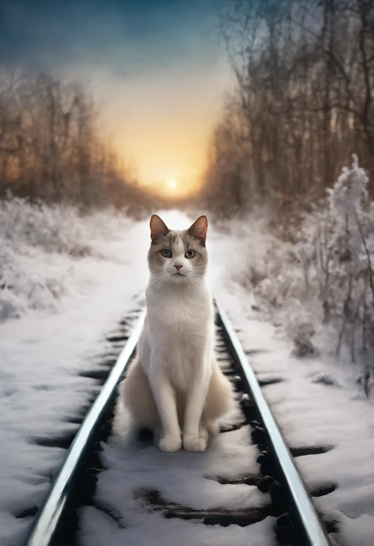 a cat sits on the railway tracks, going forward to the sunset, look into the distance, The train is far away, I look into the distance, inspired by Jean-Léon Jérôme, railway, Rails, Into the unknown, Looking into the distance, andrey gordeev, Looking at the horizon, cat in the forest, snowstorm, Heavens, кот ангел уходит в Heavens