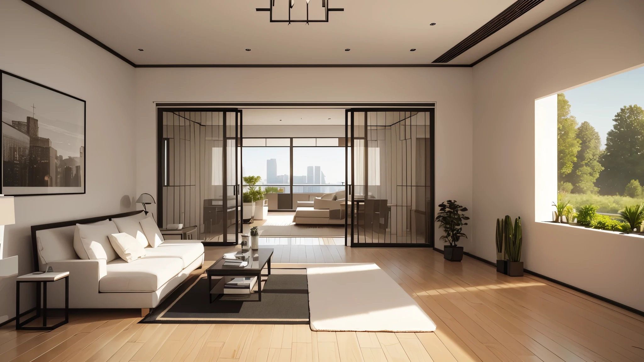You are a famous interior designer、You have been asked to create a 3D image of a modern large room. Create a harmonious environment with modern and minimalist furniture. Including garden interior.

