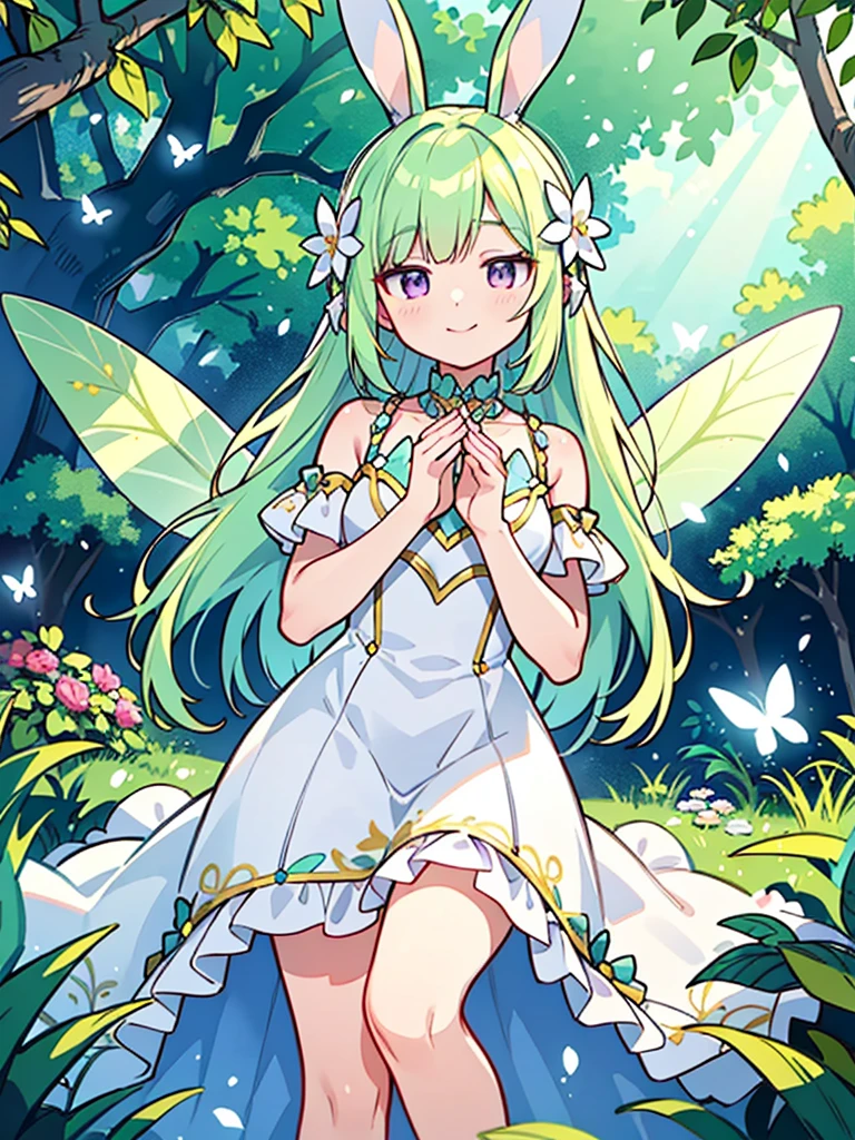 (best quality,4k,8k,highres,masterpiece:1.2),ultra-detailed,(realistic,photorealistic,photo-realistic:1.37),cute bell fairy,light green hair with yellow ombre,pastel purple eyes,purple small bunny ears,soft features,innocent smile,ethereal beauty,floating in the air,fairy dust sparkles,magical aura,fantasy world,enchanted garden,strong sunlight filtering through the leaves,vibrant flowers surrounding,delicate wings,shimmering gown,sparkling jewelry,floating bells,sunlit meadow,dew drops on the grass,lush vegetation,dappled shadows,springtime atmosphere,peaceful serenity,colorful butterflies fluttering around,birds chirping,majestic tree in the background,twinkling stars in the sky,harmonious blend of nature's elements