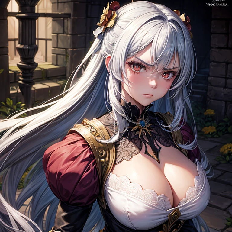 drawing of a woman with a flower on her face, anime styled, highly detailed angry anime face, anime inspired, stern look, in a dungeon inside a castle
