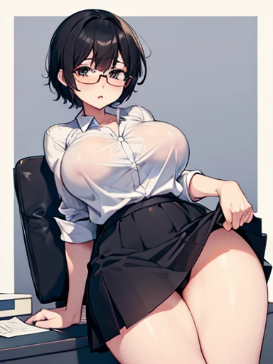 Office girl, black short hair, black eyes, glasses, tsundere, white shirt, black short skirt, big ass, thighs, big breast, front view