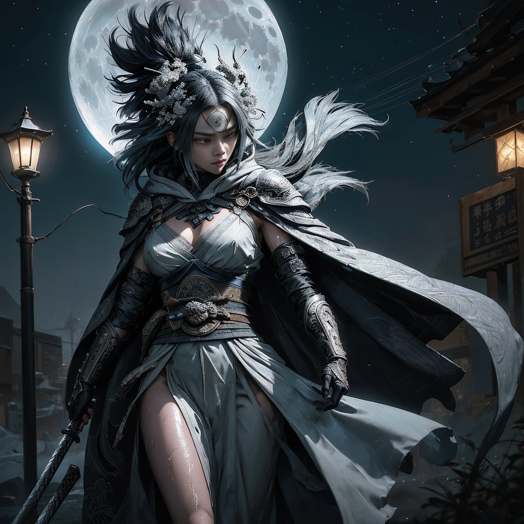 Masterpiece, Female Shinobi: Under the huge, illuminated moon, a female shinobi is depicted in exquisite detail. Her attire, a blend of traditional and modern elements, is meticulously designed with bold patterns and intricate textures. A hooded cloak, adorned with shimmering silver stars, covers her shoulders. Her ninja outfit, in a deep, shadowy black, is contrasted by the brightness of the neon signs that reflect off the wet surfaces of the environment. The moon casts a soft, ethereal glow on her face, revealing her determined expression and intensely focused gaze. The delicate fabric of her clothes clings to her body, display