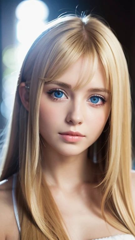 A woman with super long blonde hair and big bright light blue eyes is taking a photo, gorgeous young model, Portrait Sophie Mudd, beautiful blonde、bangs between eyes、female model, cute young woman, very beautiful young woman with very big eyes, beautiful model portrait, beautiful young girl, Beautiful young woman, beautiful woman pictures, perfect face, 14 year old beautiful model, Beautiful young face, Beautiful blonde girl
