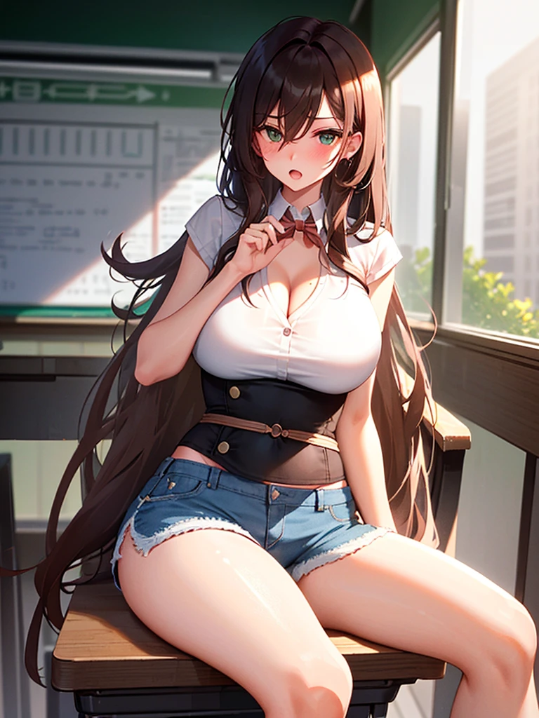 ((side boob:1.2)), Lisa, genshin impact, ((blush:1.2)), 1 girl, alone, ((white shirt)), barefoot, huge breasts, cleavage, uniform, office background, Denim shorts on the groin, office, hair between eyes, messy hair, big breasts, long hair, looking at the viewer, brown hair, red short nails, green eyes, alone, ((long slender legs)), ((thin waist)), thighs, very long hair, ((masterpiece)), classroom, mechanical, Chair, board, class board, Teaching, Beautiful woman, open your mouth a little, squint your eyes, Pose that emphasizes the chest