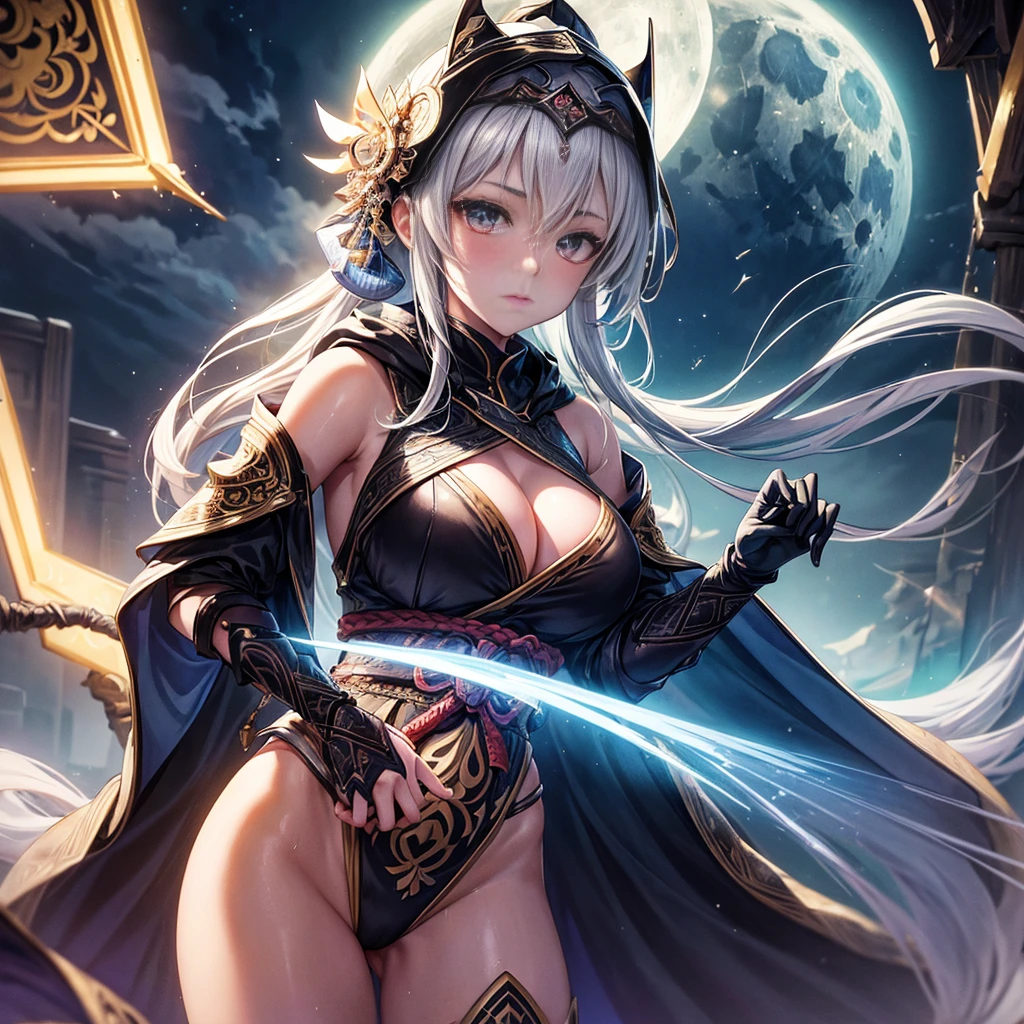 Masterpiece, Female Shinobi: Under the huge, illuminated moon, a female shinobi is depicted in exquisite detail. Her attire, a blend of traditional and modern elements, is meticulously designed with bold patterns and intricate textures. A hooded cloak, adorned with shimmering silver stars, covers her shoulders. Her ninja outfit, in a deep, shadowy black, is contrasted by the brightness of the neon signs that reflect off the wet surfaces of the environment. The moon casts a soft, ethereal glow on her face, revealing her determined expression and intensely focused gaze. The delicate fabric of her clothes clings to her body, display