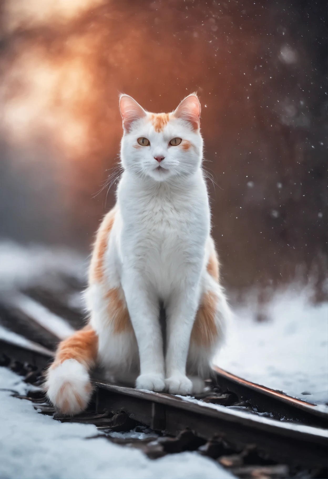 The white and red cat looks with horror and condemnation, snowstorm, snow, sitting on the railroad tracks