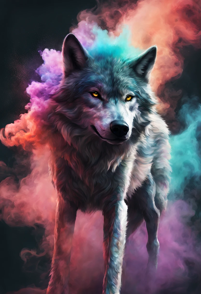 a wolf, partially covered by colored smoke, floating in the air. Plumes of multi-colored smoke swirling around and in front, featured on Artstation, sots art, fine arts journal cover, , action pose : : spotlight, trending on arts