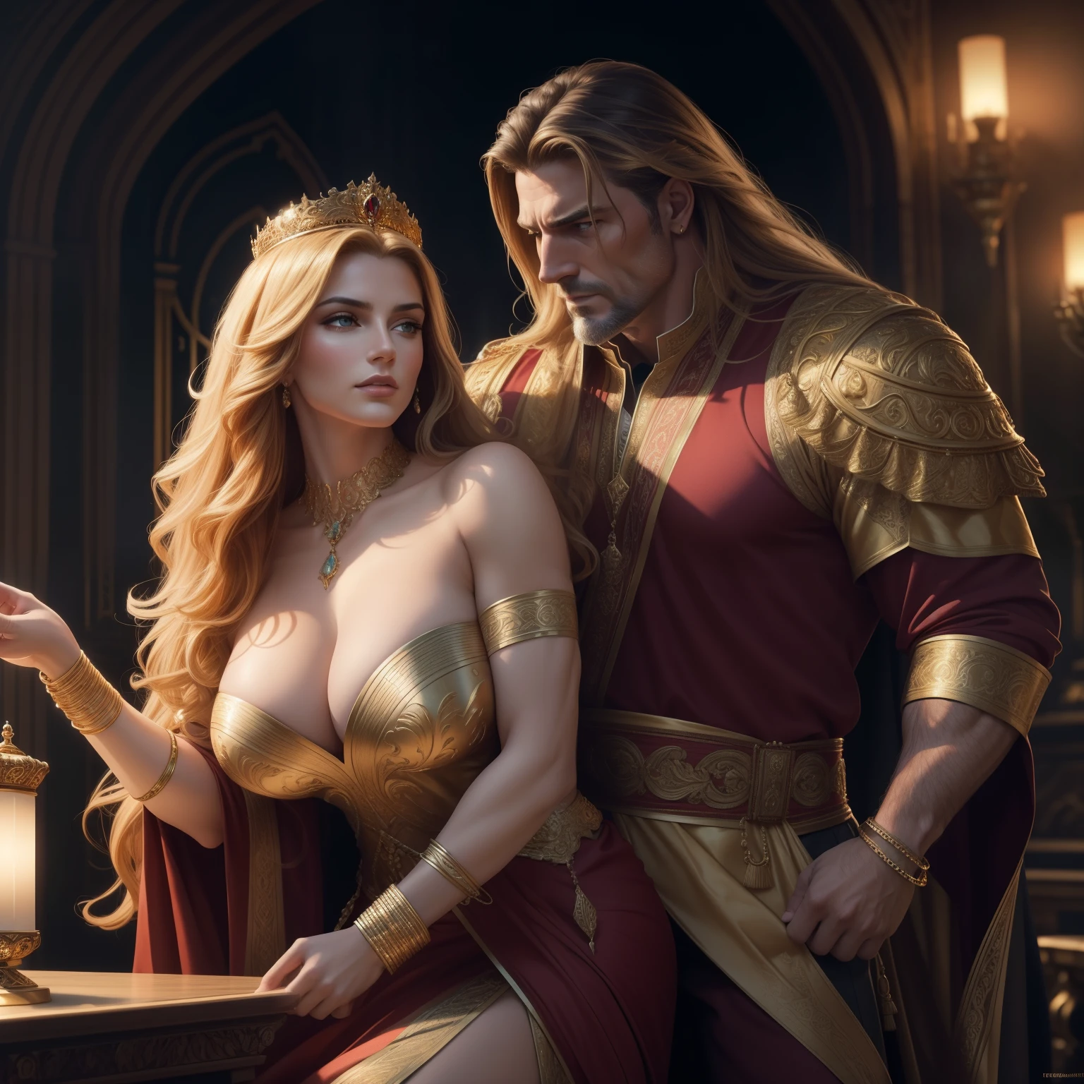 Regal and stately, a majestic king in the throes of passion, mid-age, with a clear, powerful gaze and a muscular physique, tousled golden mane cascading down over broad shoulders, cupping a voluptuous queen with one hand, the other hand trailing down the curvaceousform, both bodies adorned with golden bracelets and glowing under soft, ethereal lighting, a theme of passion and power, hyperrealistic, luscious, sensual, vibrant color palette, contrasting textures, combination of oil painting and digital art, 8k, artstation, deviantart, dribble, redbubble, teepublic.
