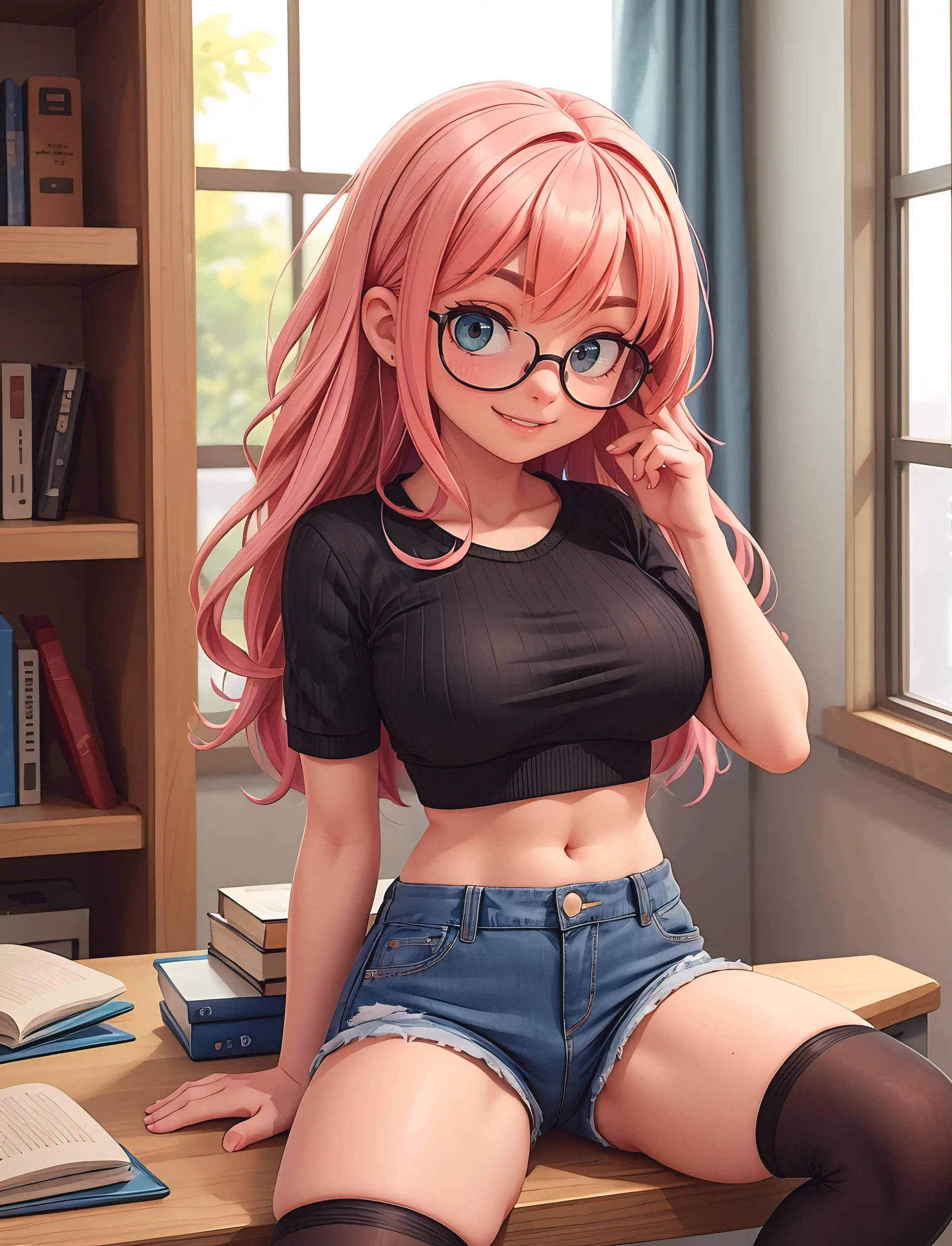 1girl, perfect bpdy, nice breasts, green eyes, pink hair, crop top, denim shorts, bedroom, striped thighhighs, pervert, glasses
