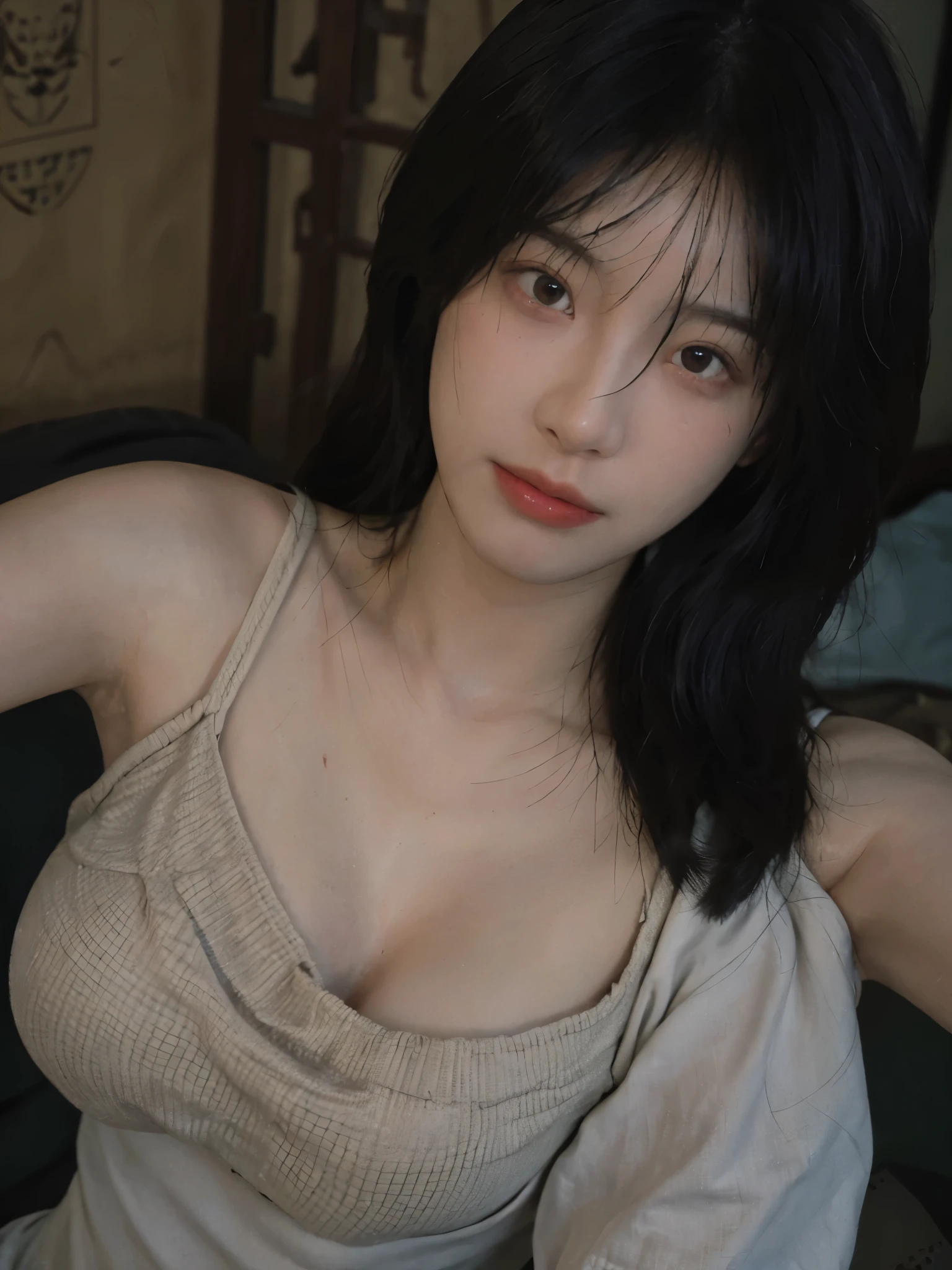 8k,best quality, masterpiece, ultra high resolution, (lifelike:1.4), original photo, (Realistic skin texture:1.3), (film grain:1.3), (Selfie angle),1 girl,Beautiful and detailed eyes and face,masterpiece, best quality,close up,Upper body, Large breast size, Wearing a black vest