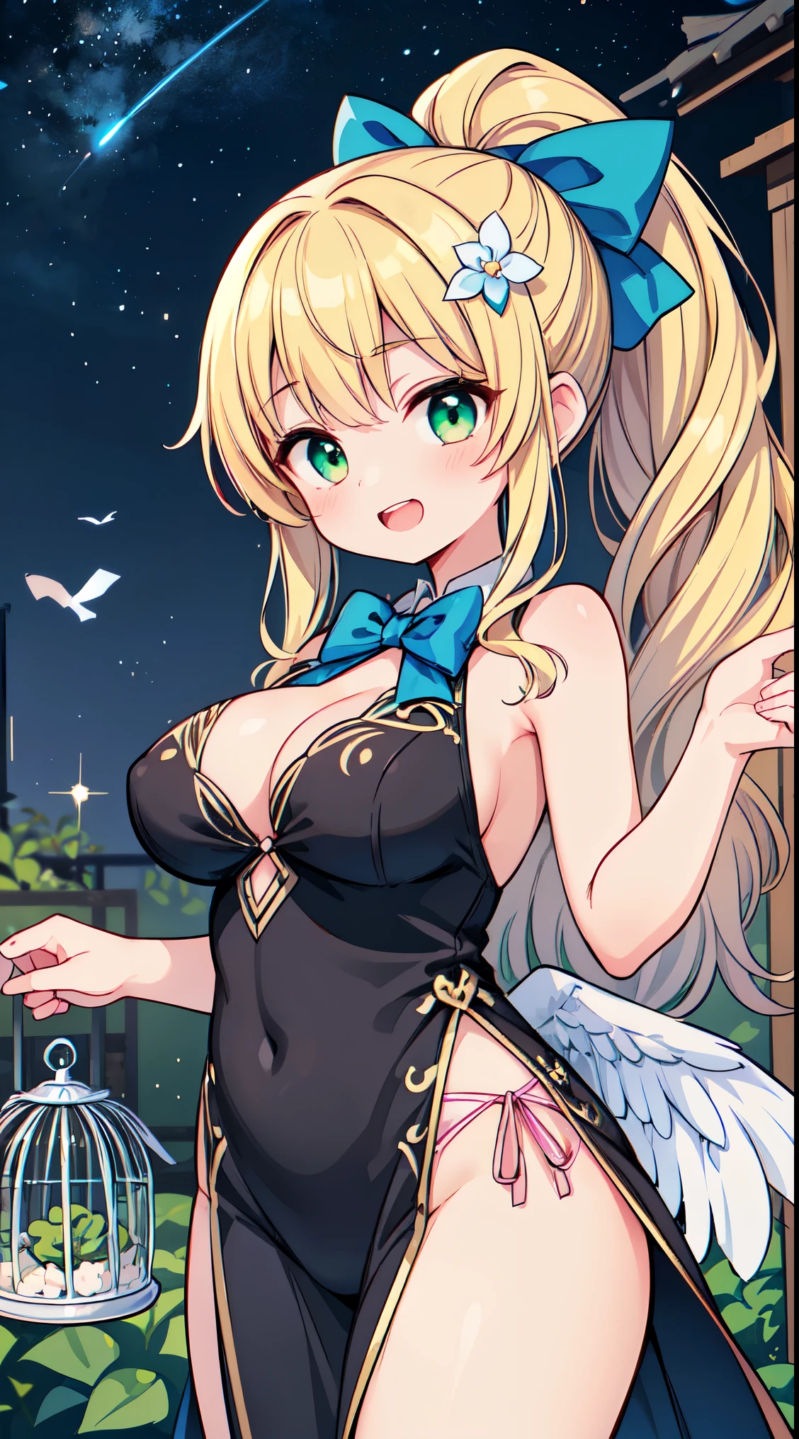 (super fine illustration:1.2),(masterpiece, 8k), (best quality, high quality:1.4), perfect anatomy, hyper detailed, ultra detailed,masterpiece background,beautiful detailed background, v8k wallpaper,perfect design,award-winning art,atmospheric,
BREAK, 1 beautiful girl, girl, (cute:1.5),(Little:0.5),(cute:2.0),(change:2.0),(12 year old girl),(big breasts:1.65),(chin hair,blonde,blue bow,green eyes,Eyebrows visible through the hair,side lock,long hair with bangs parted, hair flower, hair ornaments, big ribbon in hair, curly hair, ponytail:1.6),:he, white feathers, one thin white wing, Ang he wings, spread your wings, shining wings),pit \black},glowing skin, beautiful skin, Shining beautiful skin, open your mouth, bashful smile, alone, tooth, upper teeth,(long eyheashes, double eyheids:1.2),alone, glowing skin, beautiful skin, Shining beautiful skin,(highest quality face),(highest quality shining eyes,
BREAK
The goddess of roses relaxing with a bow in the garden full of blooming flowers, plants,water,flower,bird,bird cage,starry sky,ivy,lot of jewel,multiple jewel,
BREAK,wakame,wakame,wakame,(cowboy shot,from front:1.5) ,
BREAK,(Blurry background:1.3),(absurderes, hight resolution, Super Detail Art),cel shading,Clear Color, Lonely optical effect, Beautiful pictures, Bright glow, mystic atmosphere,(Close-up of girl:1.1), Mystical light particle effect,manga influence, clean line drawings,