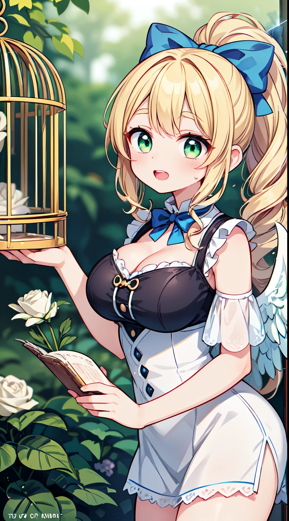 (super fine illustration:1.2),(masterpiece, 8k), (best quality, high quality:1.4), perfect anatomy, hyper detailed, ultra detailed,masterpiece background,beautiful detailed background, v8k wallpaper,perfect design,award-winning art,atmospheric,


BREAK, 1 beautiful girl, girl, (cute:1.5),(Little:0.5),(cute:2.0),(change:2.0),(12 year old girl),(big breasts:1.65),(chin hair,blonde,blue bow,green eyes,Eyebrows visible through the hair,side lock,long hair with bangs parted, hair flower, hair ornaments, big ribbon in hair, curly hair, ponytail:1.6),:he, white feathers, one thin white wing, Ang he wings, spread your wings, shining wings),pit \black},glowing skin, beautiful skin, Shining beautiful skin, open your mouth, bashful smile, alone, tooth, upper teeth,(long eyheashes, double eyheids:1.2),alone, glowing skin, beautiful skin, Shining beautiful skin,(highest quality face),(highest quality shining eyes,


BREAK

The goddess of roses relaxing with a bow in the garden full of blooming flowers, plants,water,flower,bird,bird cage,starry sky,ivy,lot of jewel,multiple jewel,

BREAK,wakame,wakame,wakame,(cowboy shot,from front:1.5) ,

BREAK,(Blurry background:1.3),(absurderes, hight resolution, Super Detail Art),cel shading,Clear Color, Lonely optical effect, Beautiful pictures, Bright glow, mystic atmosphere,(Close-up of girl:1.1), Mystical light particle effect,manga influence, clean line drawings, 
 