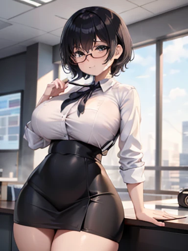 Office girl, black short hair, black eyes, glasses, tsundere, white shirt, black short skirt, big ass, thighs, big breast, front view