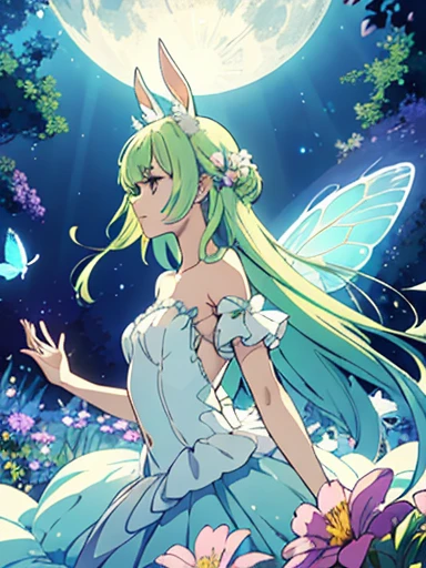 cute bellflower fairy, light green long hair with yellow ombre, pastel purple eyes, purple small bunny ears, moon bunny, innocent but ghostly, fairy dust, ethereal glow, floating in the air, delicate butterfly wings, enchanted garden, vibrant flowers, magical aura, whimsical atmosphere, soft pastel colors, sparkling dewdrops, dreamlike scenery, surreal beauty, sparkling stars, gentle breeze, enchanting music, delicate features, graceful poses, playful expression, soft sunlight, shimmering moonlight, mystical creatures, peaceful tranquility, translucent wings, youthful innocence, sparkling eyes, charming smile, captivating beauty, otherworldly charm, delicate details, intricate patterns, fantastical elements, full of wonder, dreamy landscapes, ethereal beauty, painterly style