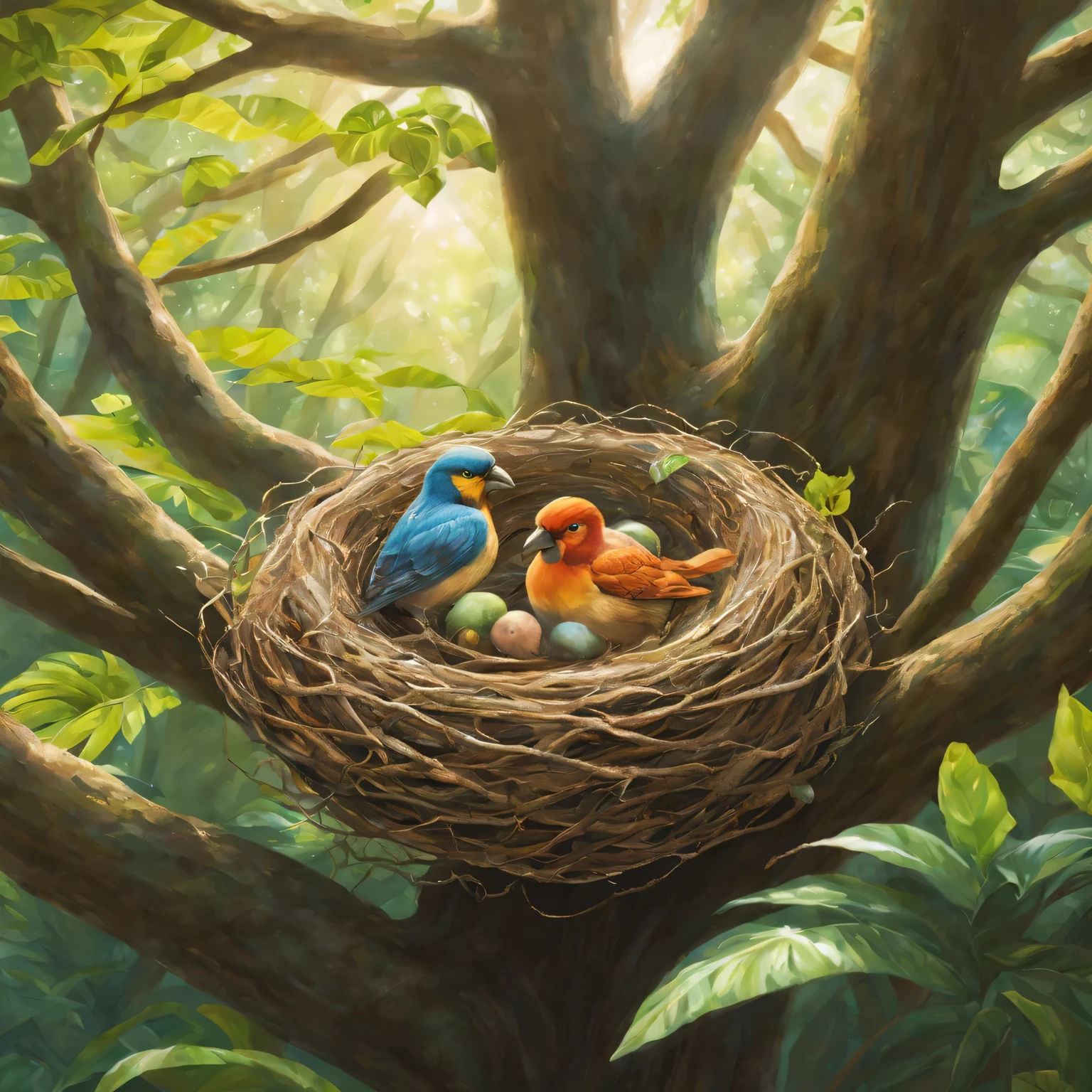 Painting of two birds in a nest with eggs in a tree - SeaArt AI