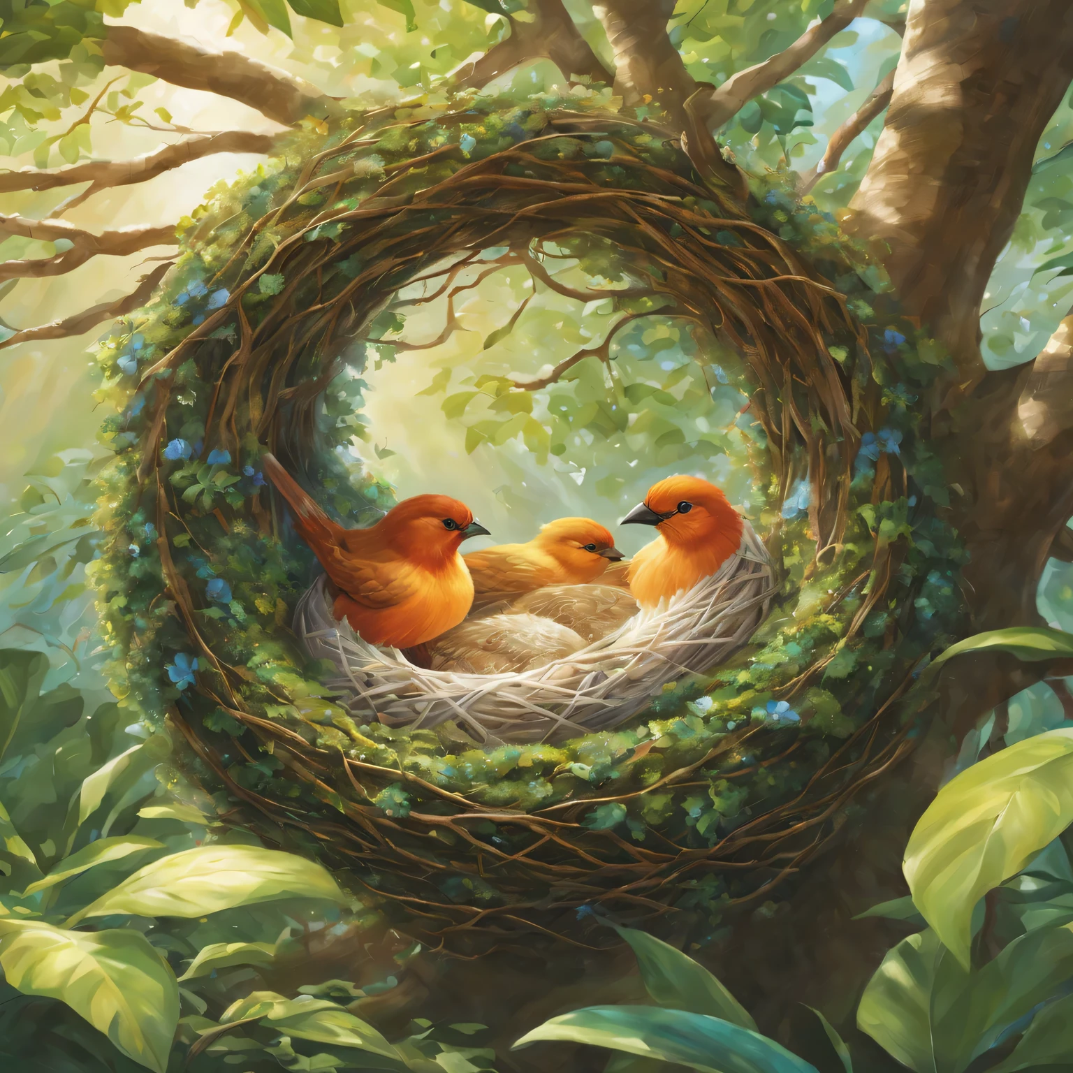 tree nest,In dense tropical forests,Bright colors of nature,Delicate and intricate weave,best quality,Super detailed,Fine craftsmanship,soft feather,sparkling in the sun,branches and leaves intertwined,Natural and organic,exquisite masterpiece,Beautifully designed,hanging from branches,hide and protect,Harmony with surroundings,Very attentive to details,Give birth to new life,serenity and calm,high resolution,Well-constructed,Warm and safe,Blend seamlessly with nature,Vivid green leaves,lifelike,dappled sunshine,Peaceful and comfortable,amidst the lush canopy of trees,Dreamlike and ethereal,Superb Creation.