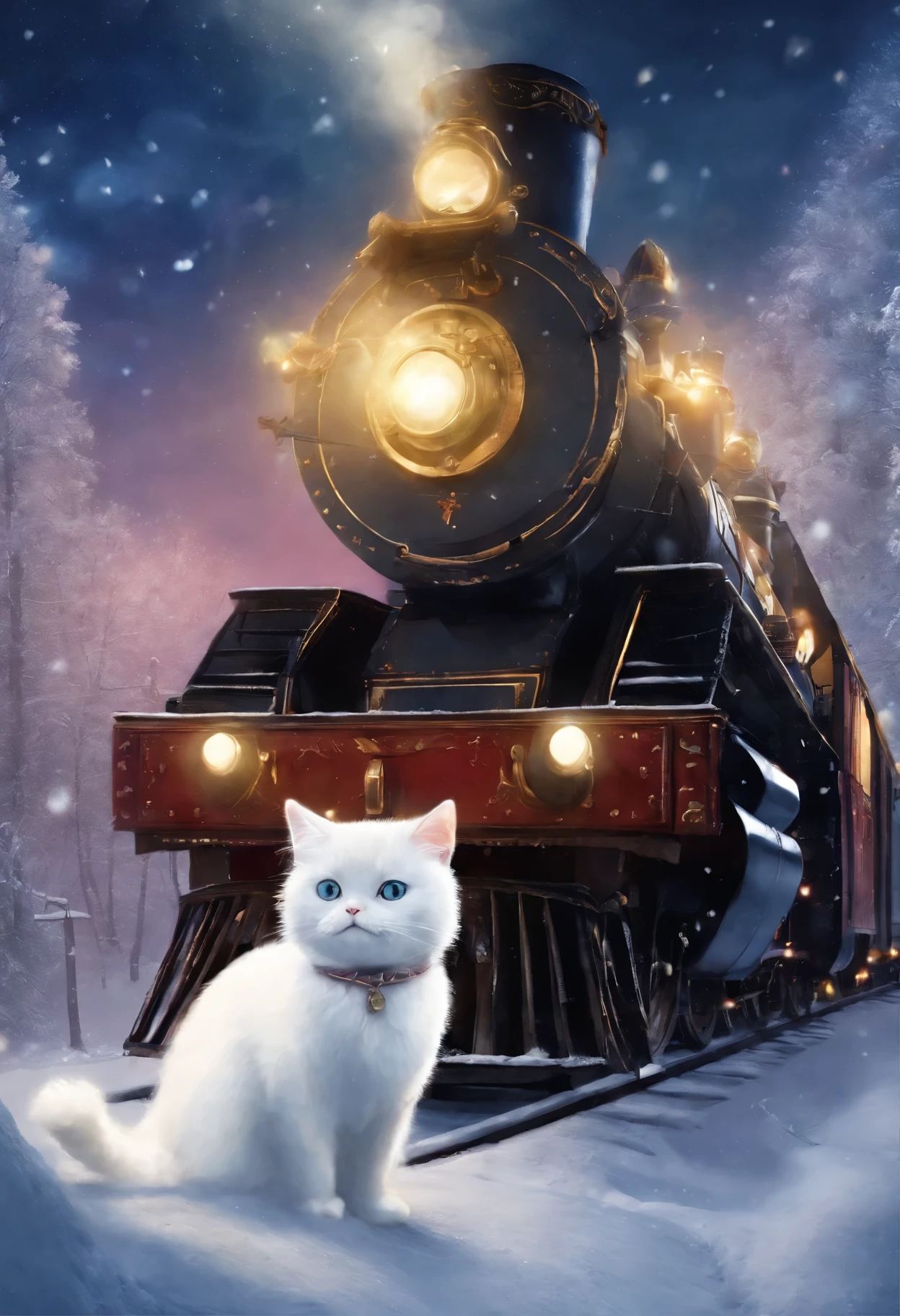 there is a рыжий с белым кот идет по делезной дороге узодящей в небо sitting on top of a Train in the snow, Polar Express, choo choo, Beautiful digital images, Cute artwork, Sakimi, Train, andrey gordeev, Rails, charming digital painting, The Magic Scene, fantasy matte painting，Cute, White cat, Cute digital art, Wallpapers - 1 0 2 4, 2 0 1 4