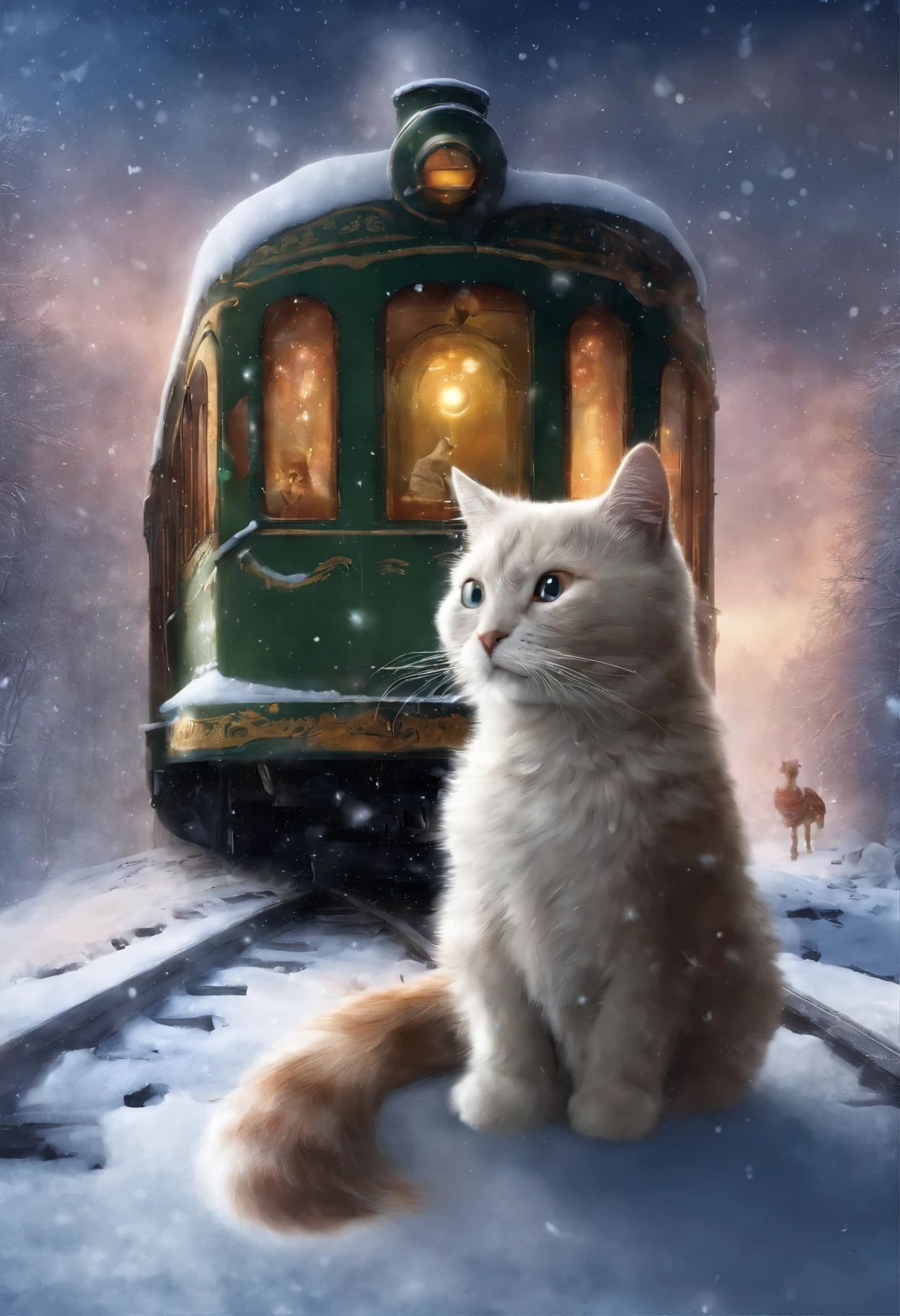 there is a рыжий с белым кот идет по делезной дороге узодящей в небо sitting on top of a Train in the snow, Polar Express, choo choo, Beautiful digital images, Cute artwork, Sakimi, Train, andrey gordeev, Rails, charming digital painting, The Magic Scene, fantasy matte painting，Cute, White cat, Cute digital art, Wallpapers - 1 0 2 4, 2 0 1 4