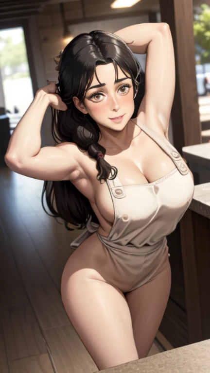1girl, solo, black hair, butterfly hair ornament, (naked:1.3), (white apron), large breasts, cleavage, thighs, cafe background, (blushing:1.3),brown eyes, Carla Yeager , smiling, standing, arms up, realistic eyes, perfect shaped beautiful body, Carla Yeager