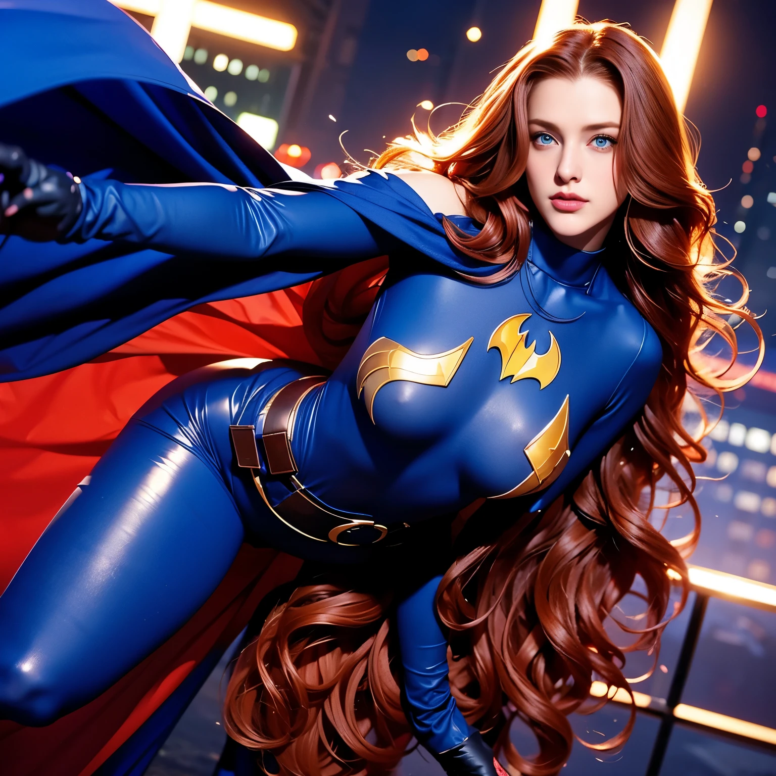 “Woman, long curly hair, long curly shoulder length red hair:1.3, blue eyes,full body, soft, cute, batgirl suit wide open, hands gloves, long boots, show nipples, show vagina, open legs:1.4
