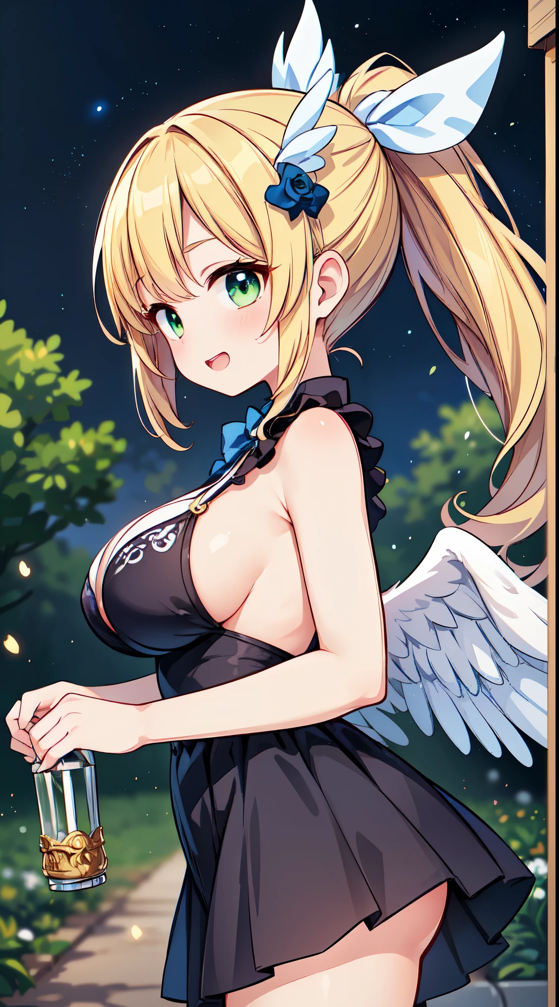 (super fine illustration:1.2),(masterpiece, 8k), (best quality, high quality:1.4), perfect anatomy, hyper detailed, ultra detailed,masterpiece background,beautiful detailed background, v8k wallpaper,perfect design,award-winning art,atmospheric,
BREAK, 1 beautiful girl, girl, (cute:1.5),(Little:0.5),(cute:2.0),(change:2.0),(12 year old girl),(big breasts:1.65),(chin hair,blonde,blue bow,green eyes,Eyebrows visible through the hair,side lock,long hair with bangs parted, hair flower, hair ornaments, big ribbon in hair, curly hair, ponytail:1.6),:he, white feathers, one thin white wing, Ang he wings, spread your wings, shining wings),pit \black},glowing skin, beautiful skin, Shining beautiful skin, open your mouth, bashful smile, alone, tooth, upper teeth,(long eyheashes, double eyheids:1.2),alone, glowing skin, beautiful skin, Shining beautiful skin,(highest quality face),(highest quality shining eyes,
BREAK
The goddess of roses relaxing with a bow in the garden full of blooming flowers, plants,water,flower,bird,bird cage,starry sky,ivy,lot of jewel,multiple jewel,
BREAK,wakame,wakame,wakame,(cowboy shot,from side:1.5) ,
BREAK,(Blurry background:1.3),(absurderes, hight resolution, Super Detail Art),cel shading,Clear Color, Lonely optical effect, Beautiful pictures, Bright glow, mystic atmosphere,(Close-up of girl:1.1), Mystical light particle effect,manga influence, clean line drawings,