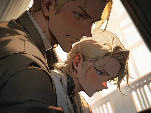 Father and son, blond hair, gray eyes, close, warm atmosphere, portrait, Ingenious angle