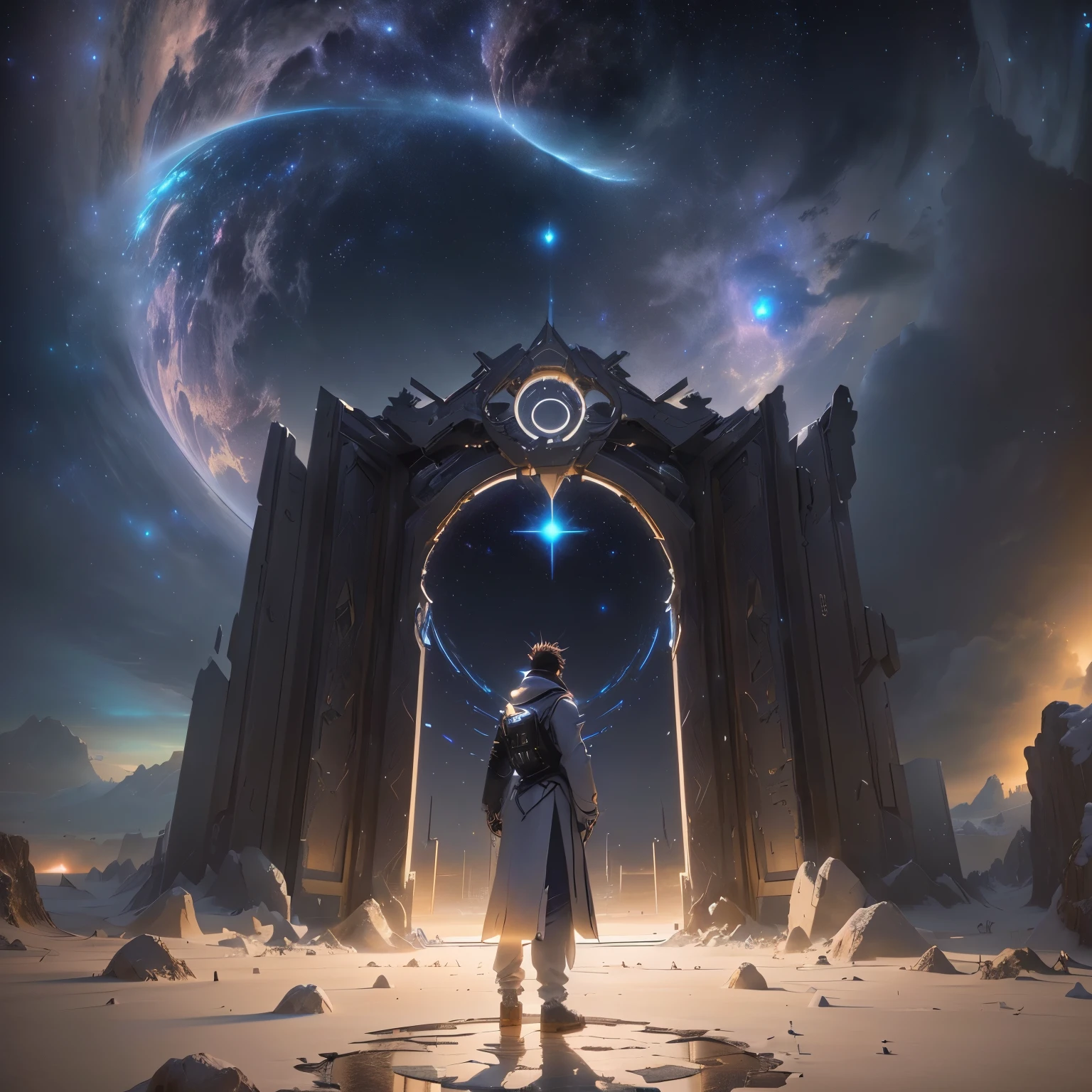 A man stood in front of the door，Anime scene with a star in the sky, gateway to another universe, portal to another dimension, Magic portal in the sky, portal to another world, artgem and beeple masterpiece, Unreal Engine Fantasy Art, surreal concept art, heaven gate, 4k highly detailed digital art, The soul comes out of the portal