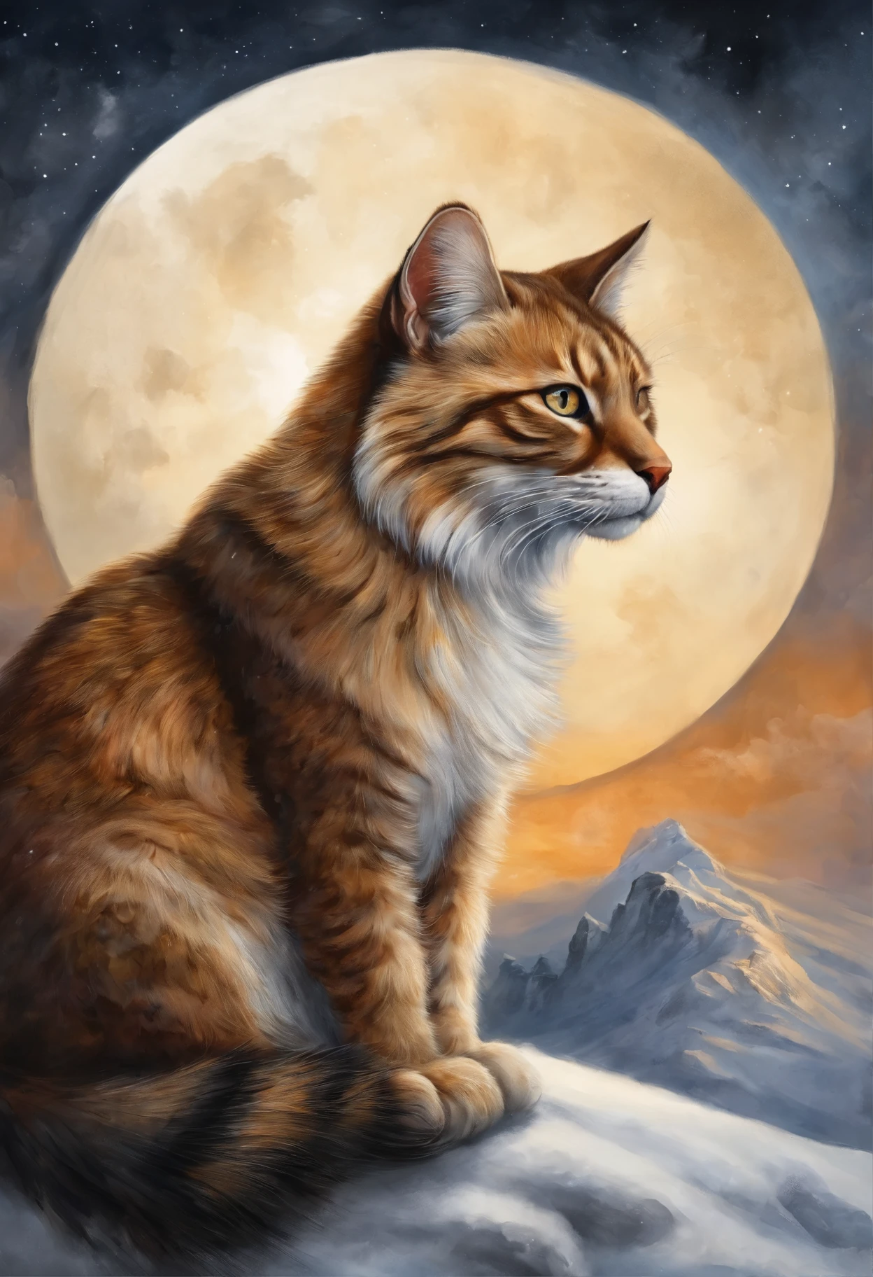 painting of a кот sitting on a snowy hill with a full moon in the background, кот. цифровая живопись, warrior котs fan art, ginger кот, warrior котs, a painting of a кот, Красивые цифровые изображения, очень-очень красивый фурри-арт, adorable цифровая живопись, Детальное искусство, кот portrait painting, in a painting of a кот, painting of a кот