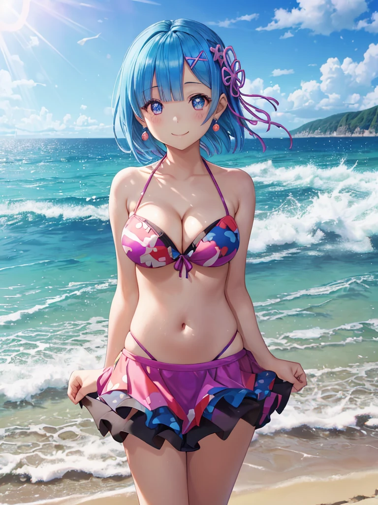 disorganized, Super detailed, masterpiece, highest quality, official art, (beautiful and aesthetic), devilish beautiful girl, (((2 beautiful girls)), (cute),Rem(Re:zero) , colorful hair, Split color hair, splash, (blue hair),short hair, sexy random hair, (Variegated eyes), (((Variegated eyesの色))), (upward facing eyes, smile), (Barrette), earrings, Variety of hairstyles, (Cute string bikini, Skirt Bikini), (thighs), (E cup, cleavage), (chest focus), ( best smile), open your mouth (big breasts), round eyes, (blowing in the Wind), 突Wind (Wind),さわやかなWind, motion blur effect, Wind ,background (beach), (stand in the center of the screen), outdoor, Wind , sunlight, spectacular scenery, particles of light, dynamic angle, dutch angle, perspective, (daytime, Sun rays), Depth of bounds written, Bokeh, Light leakage, (chromatic aberration),