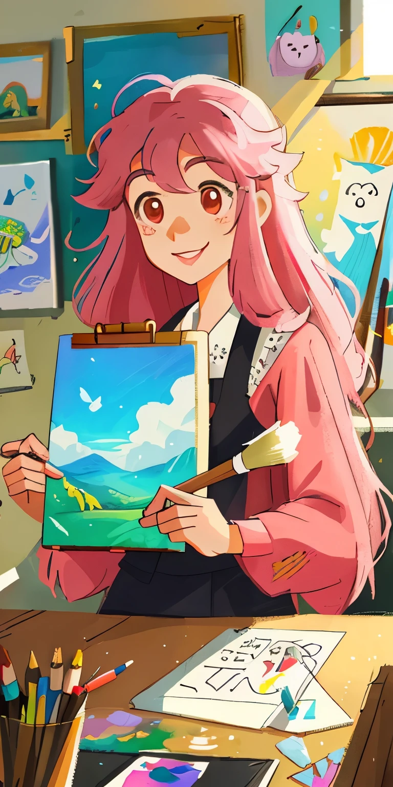 a woman with long pink hair  with a wide smile holding a painting brush that glows! it is surrounded by many colored pencils, brushes and paints of many colors, warm sun sprinkling over it, adding to the playful atmosphere, --v6