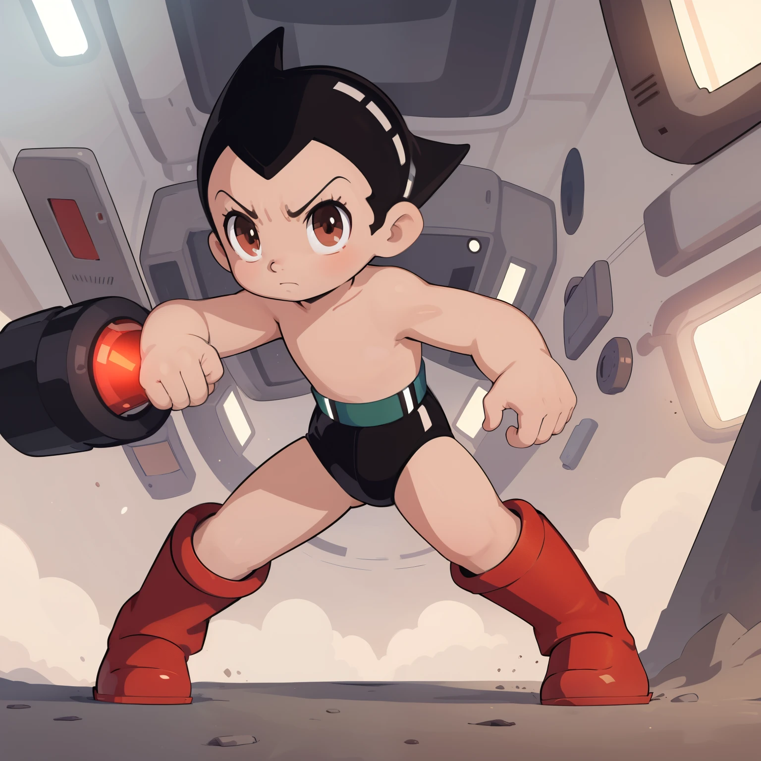 (high-quality:1.2),(masterpiece:1.2),detailed, 1boy, solo, (((shota))), perfect face, black hair, red boots, astro boy, illustration, ultra-detailed, strong lighting, dark tones, sci-fi