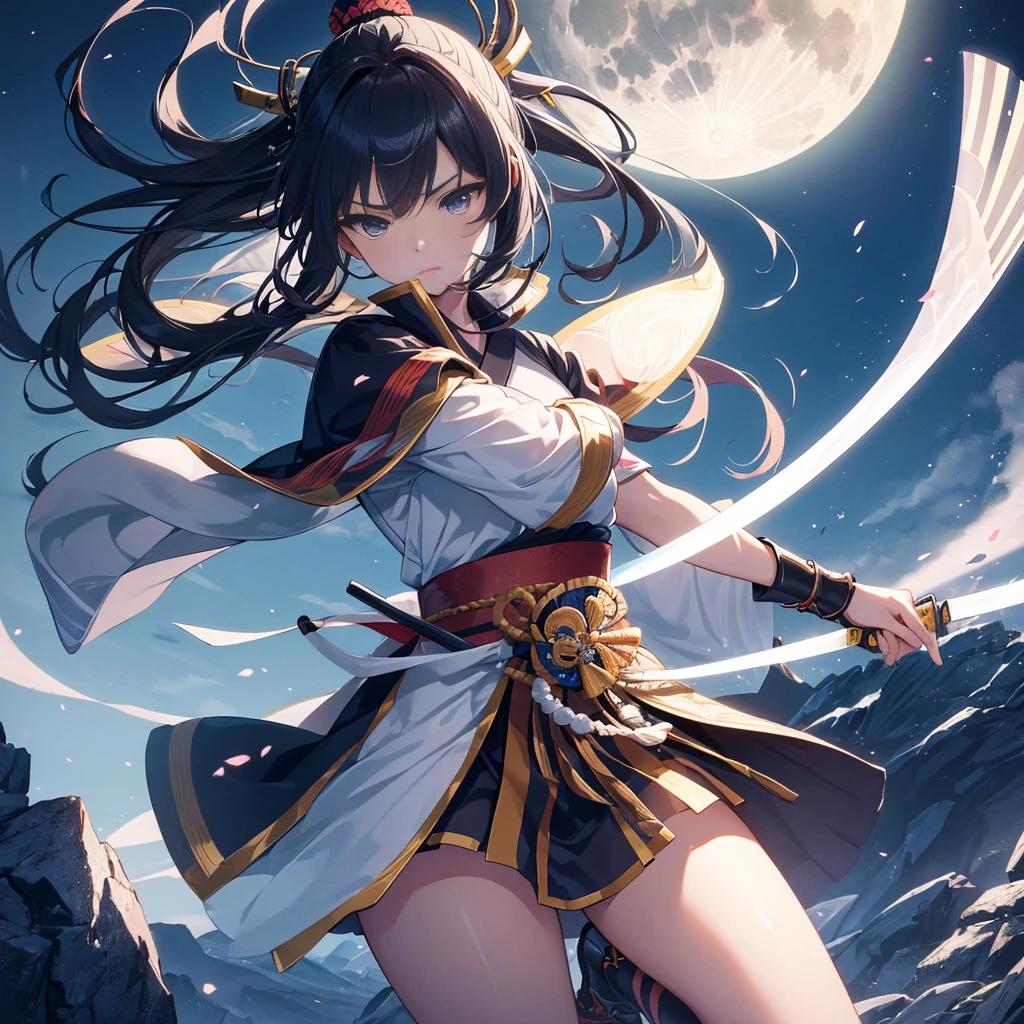 Masterpiece, highest quality, high resolution, solo presentation of a Japan female samurier clad in traditional armor, wielding a katana under the gentle glow of a huge moon, as she undergoes a mesmerizing fusion with the future. Her energy radiates, skin glistening with a futuristic metallic sheen, revealing an amalgamation of prowess and advanced technology. The Samurai's expression remains focused, a blend of serene determination and intrigue, as she stands atop a rocky plateau, katana held aloft, ready to embark on a new era.